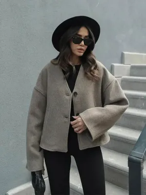 Back To School Joskaa 2024 Autumn Winter Grey V-neck Solid Warm Coat  Women Elegant Button Long Sleeve Loose Jacket Female High Street Outerwear