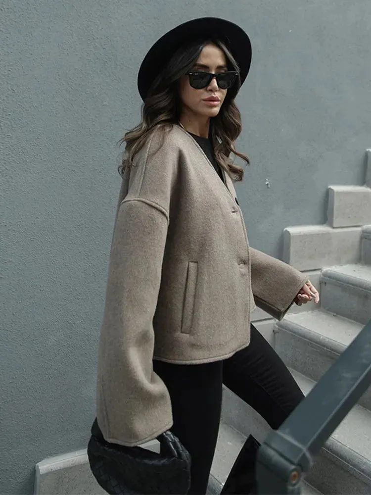 Back To School Joskaa 2024 Autumn Winter Grey V-neck Solid Warm Coat  Women Elegant Button Long Sleeve Loose Jacket Female High Street Outerwear