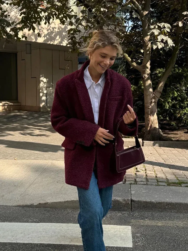 Back To School Joskaa Elegant Long Sleeve Lamb Woolen Blazer Coat Fashion Flip Collar Wine Red Women's Suit Jacket Autumn Winter Lady Street Outerwear