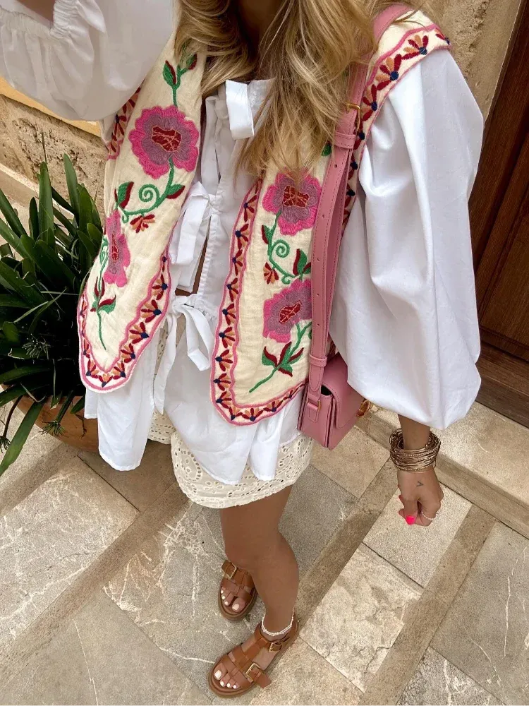 Back To School Joskaa Floral Embroidery Print Vest Women Cropped Top Chic V Neck Sleeveless Cropped Cardigan 2024 Spring Summer Lady Elegant Waistcoat