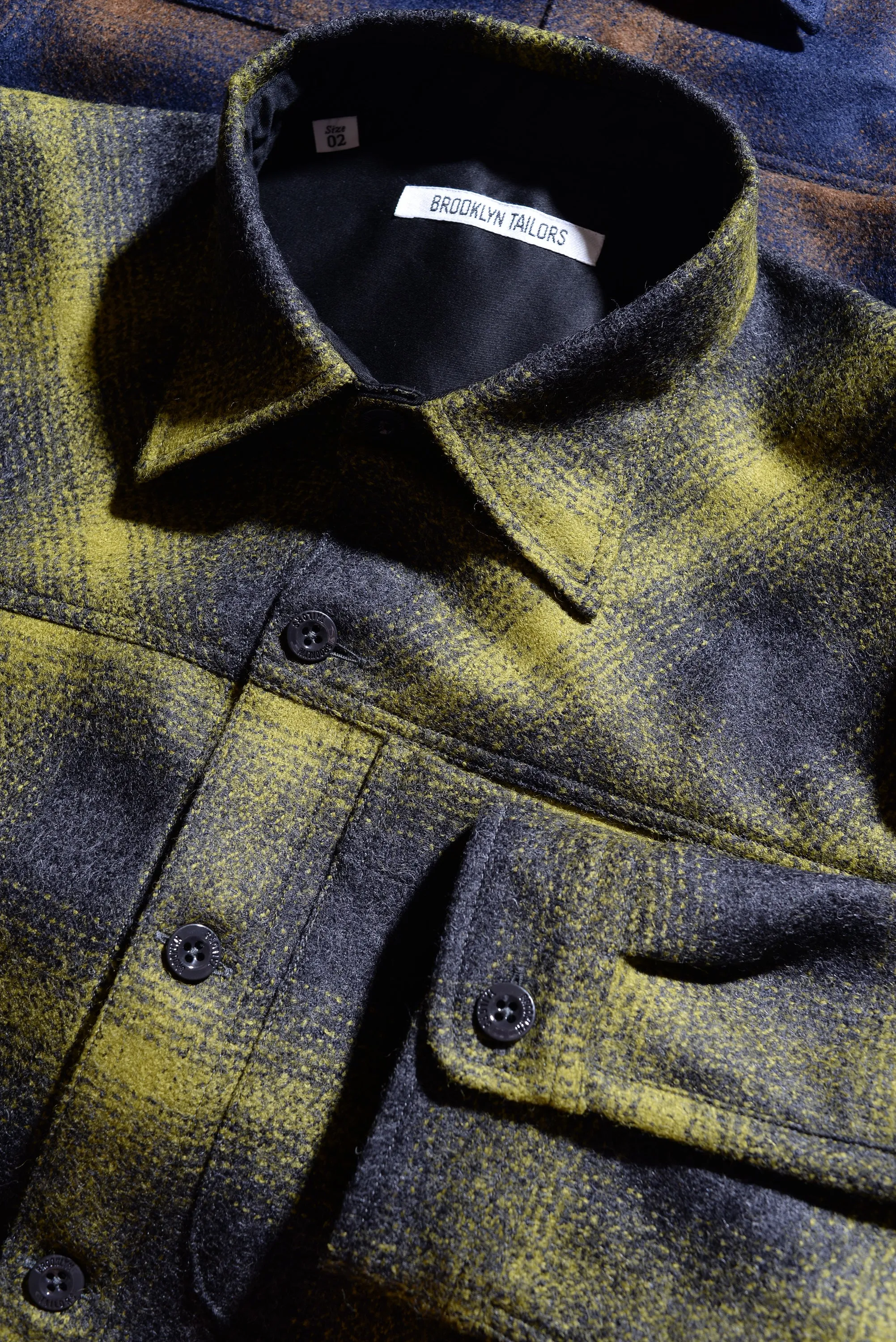 BKT15 Shirt Jacket in Boiled Wool Plaid - Gray & Acid Green