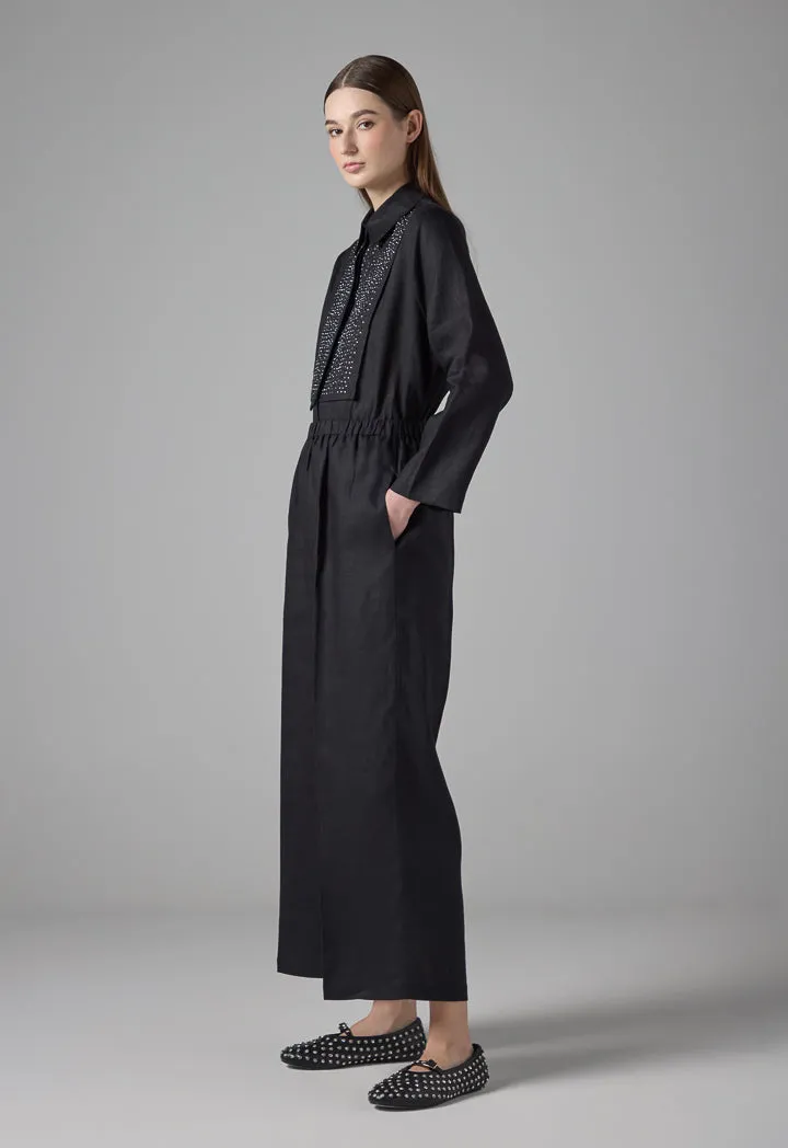 Choice Solid Wide Leg Linen Trousers Black