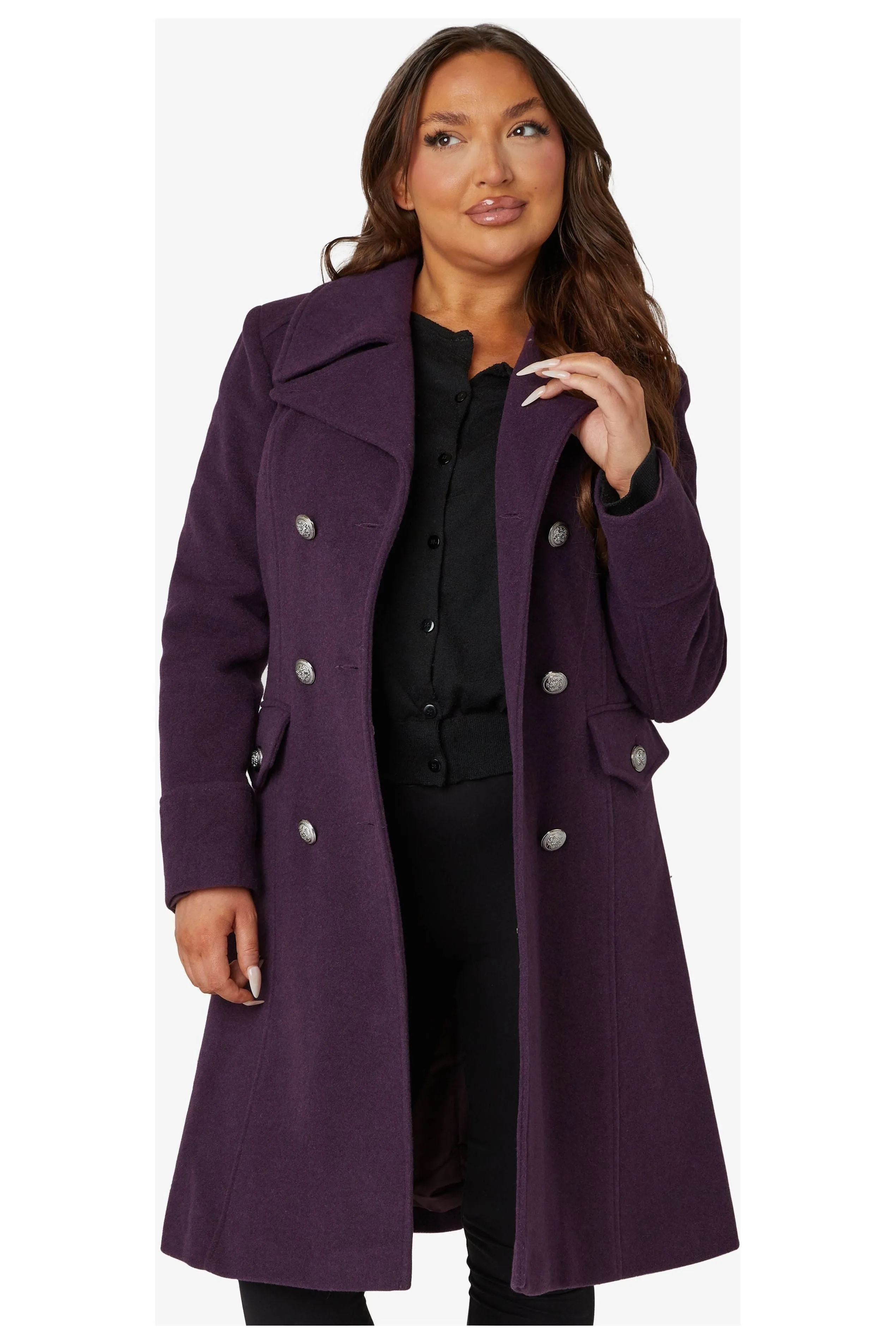 De La Creme Fashions Katrina Purple Wool Blend Military Midi Coat