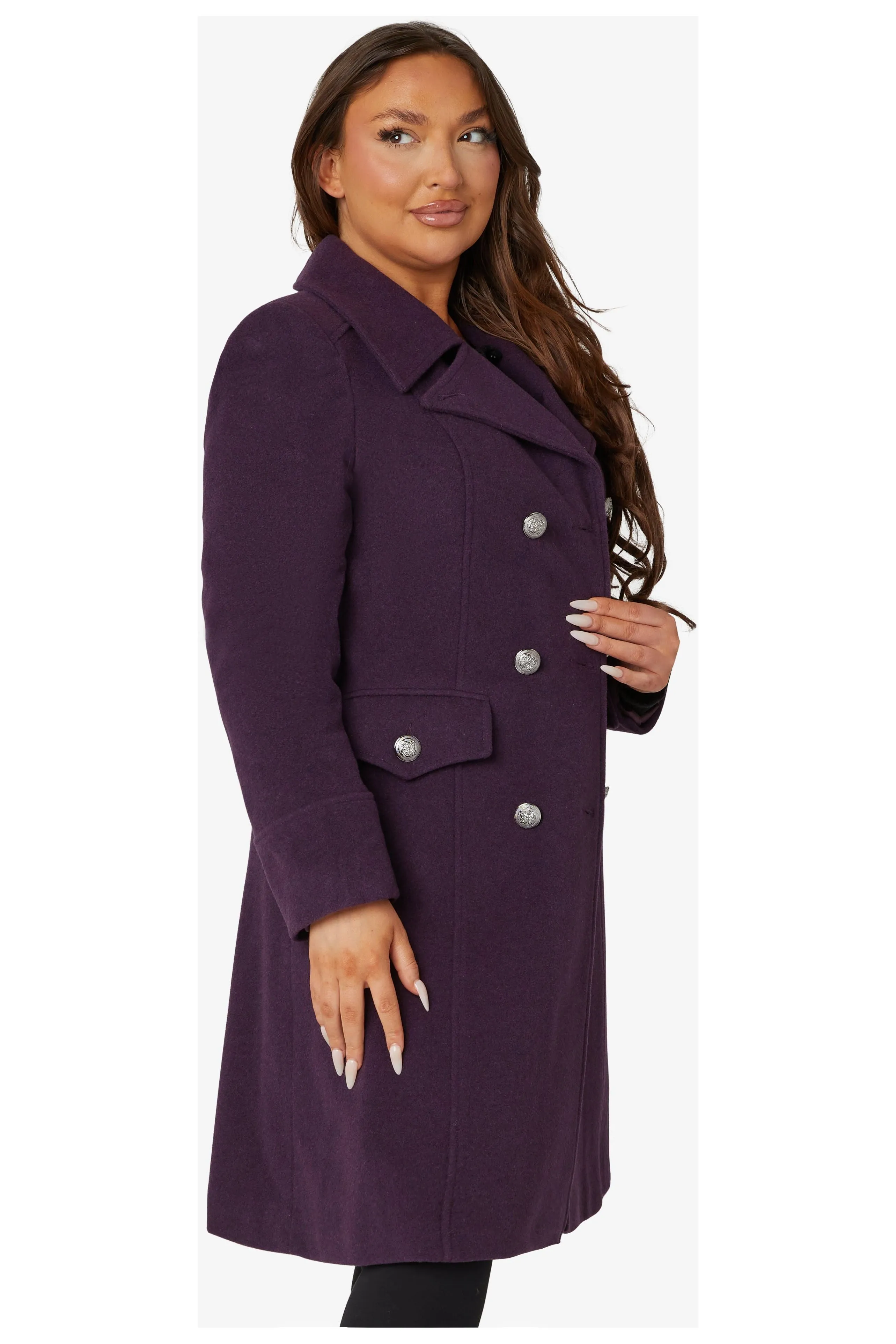 De La Creme Fashions Katrina Purple Wool Blend Military Midi Coat