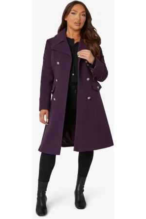 De La Creme Fashions Katrina Purple Wool Blend Military Midi Coat