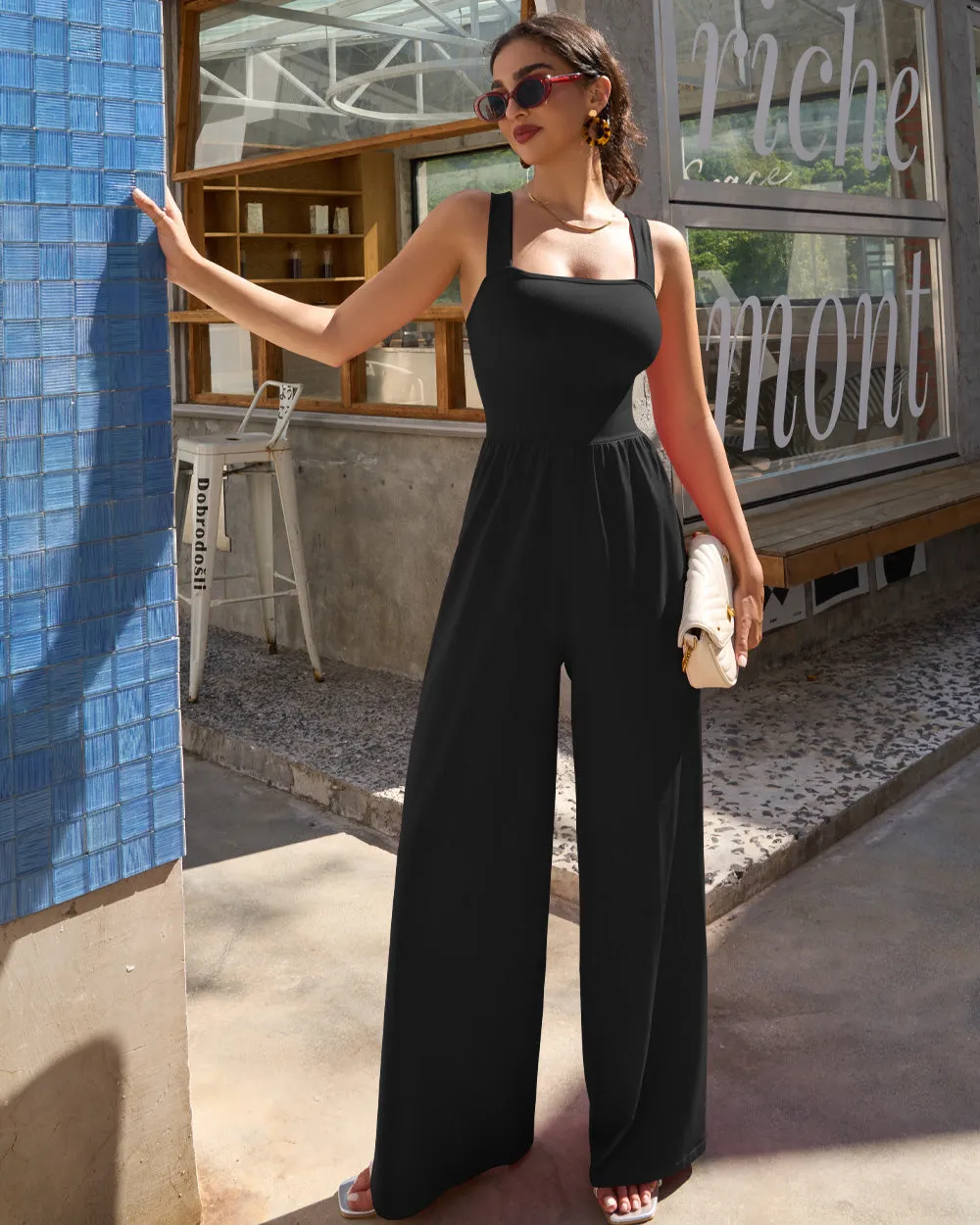 Dressy Sleeveless Square Neck Causal Wide Leg Jumpsuit