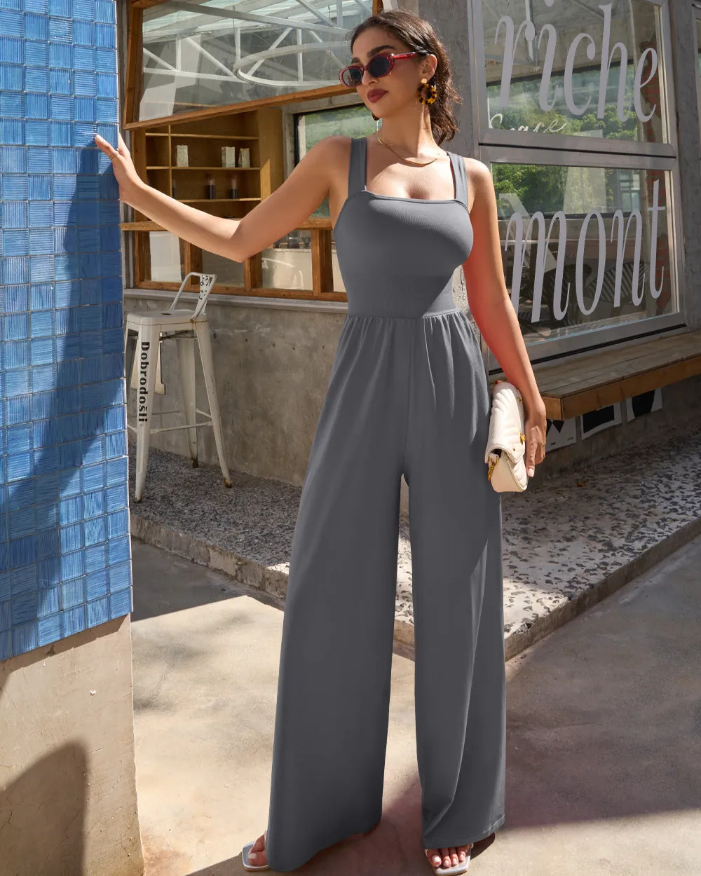 Dressy Sleeveless Square Neck Causal Wide Leg Jumpsuit