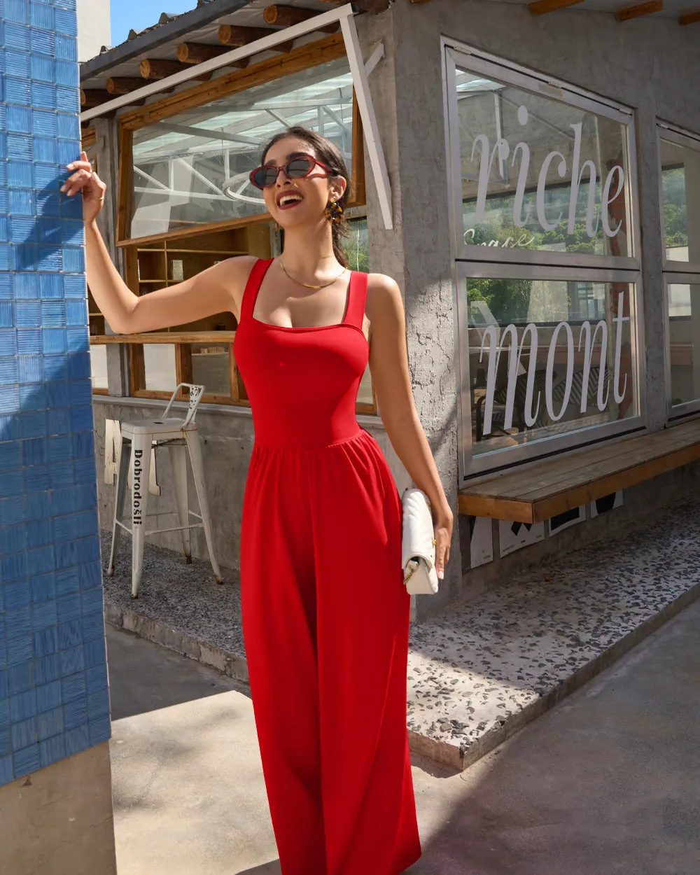 Dressy Sleeveless Square Neck Causal Wide Leg Jumpsuit