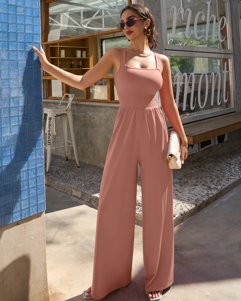 Dressy Sleeveless Square Neck Causal Wide Leg Jumpsuit