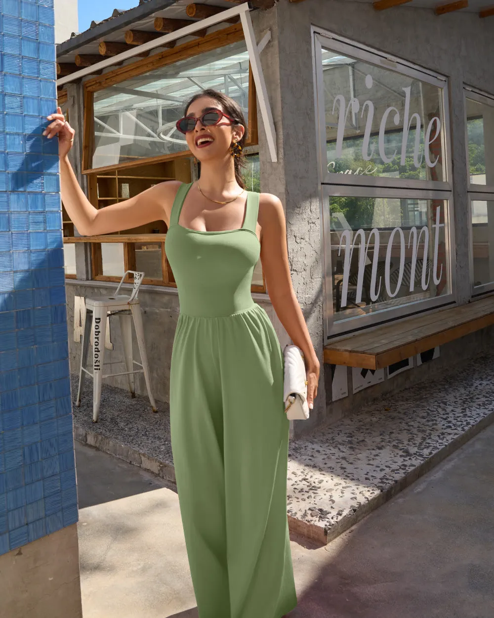 Dressy Sleeveless Square Neck Causal Wide Leg Jumpsuit