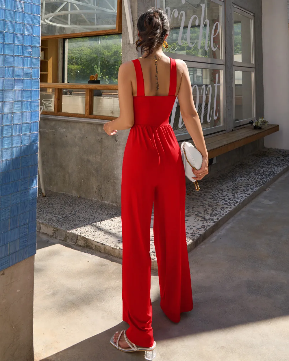 Dressy Sleeveless Square Neck Causal Wide Leg Jumpsuit