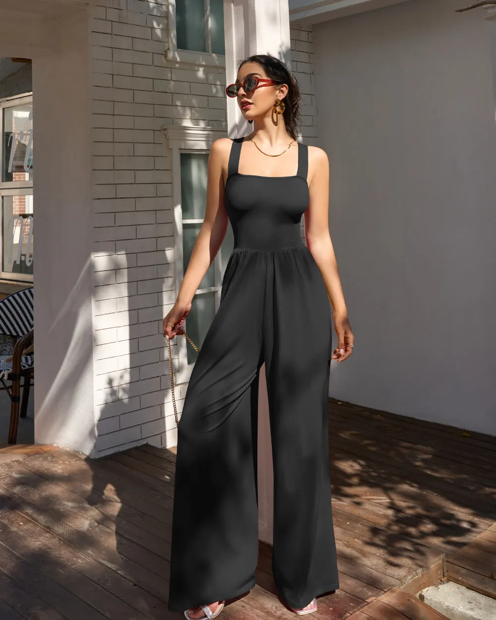 Dressy Sleeveless Square Neck Causal Wide Leg Jumpsuit