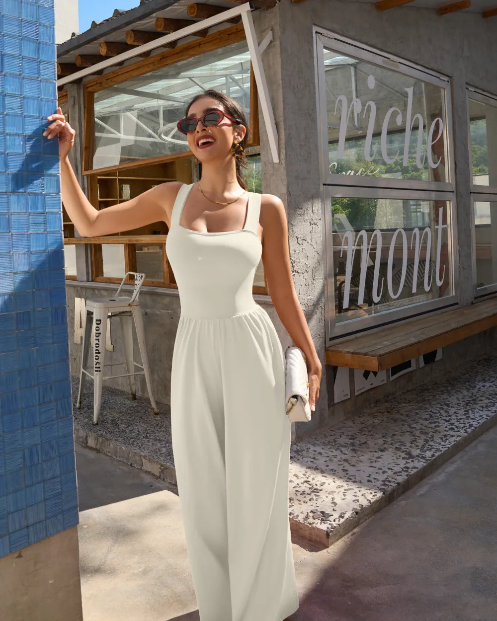 Dressy Sleeveless Square Neck Causal Wide Leg Jumpsuit