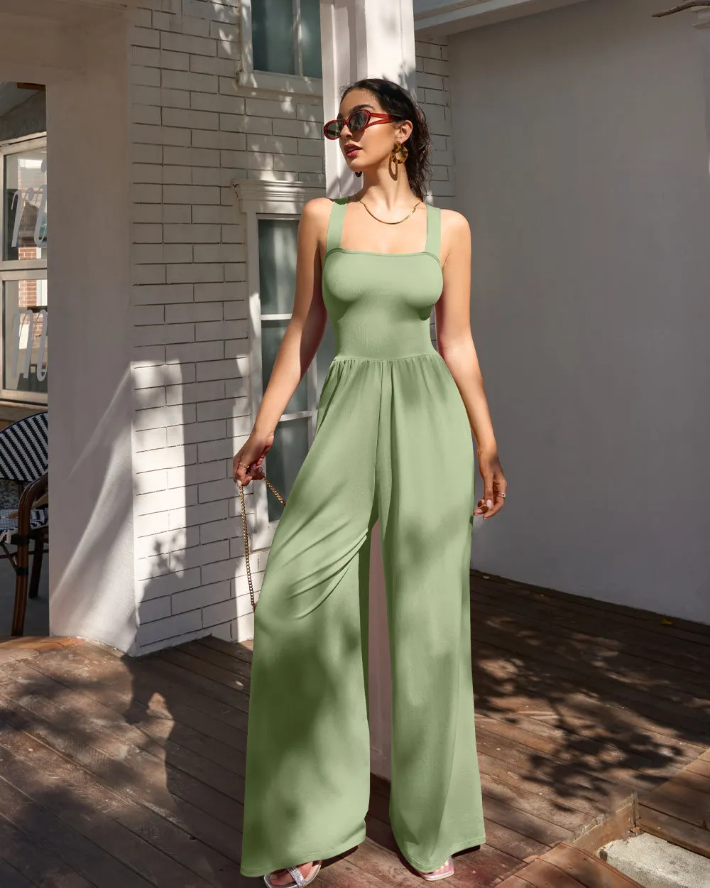 Dressy Sleeveless Square Neck Causal Wide Leg Jumpsuit