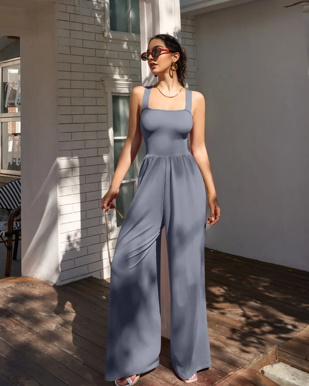 Dressy Sleeveless Square Neck Causal Wide Leg Jumpsuit