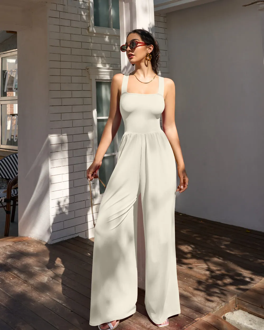 Dressy Sleeveless Square Neck Causal Wide Leg Jumpsuit