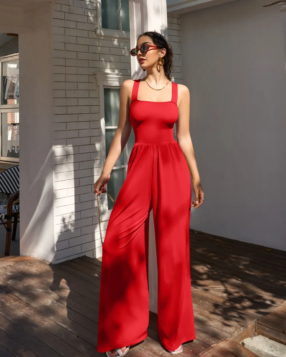 Dressy Sleeveless Square Neck Causal Wide Leg Jumpsuit