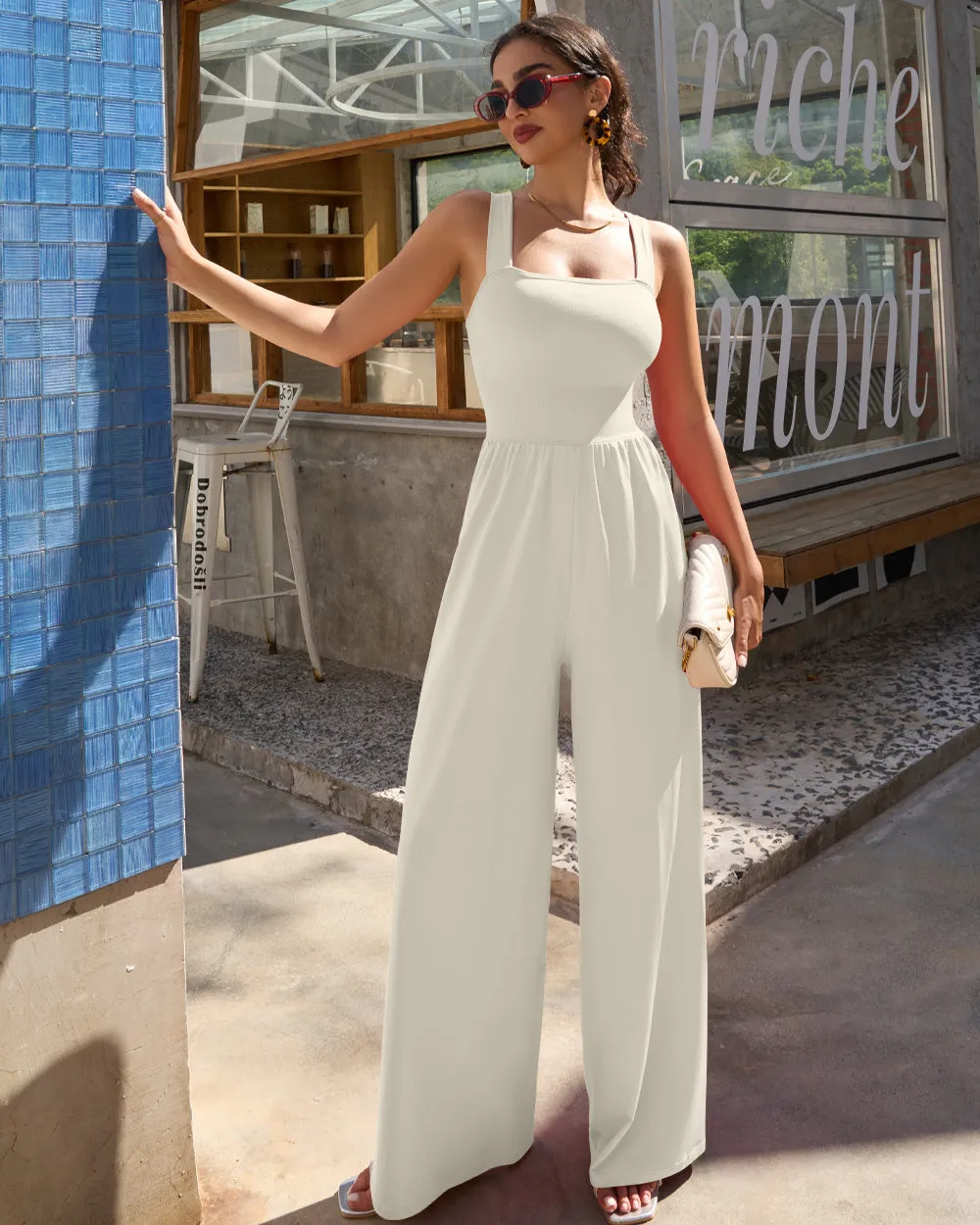 Dressy Sleeveless Square Neck Causal Wide Leg Jumpsuit