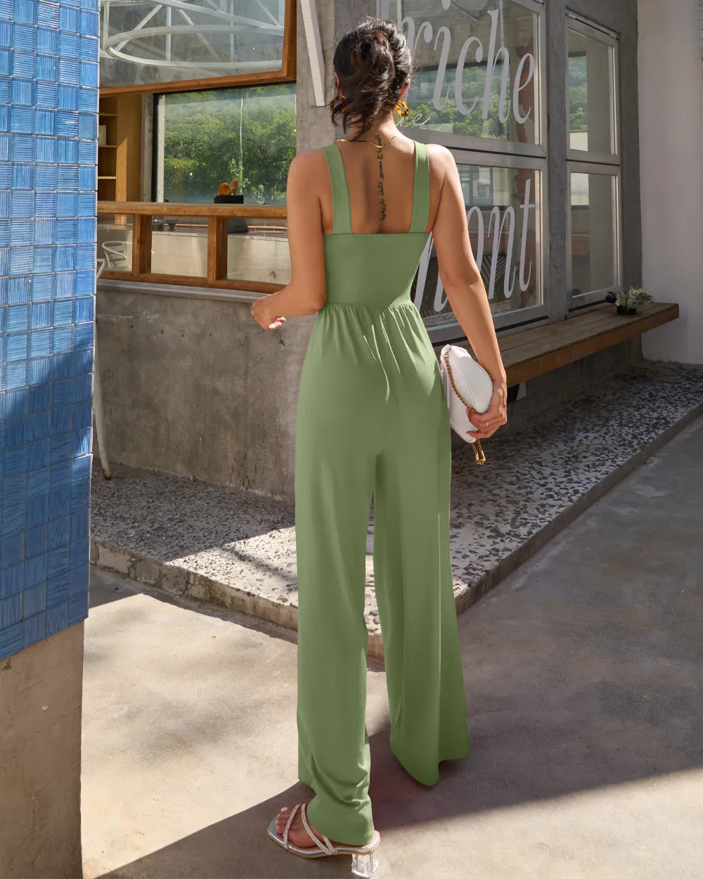 Dressy Sleeveless Square Neck Causal Wide Leg Jumpsuit