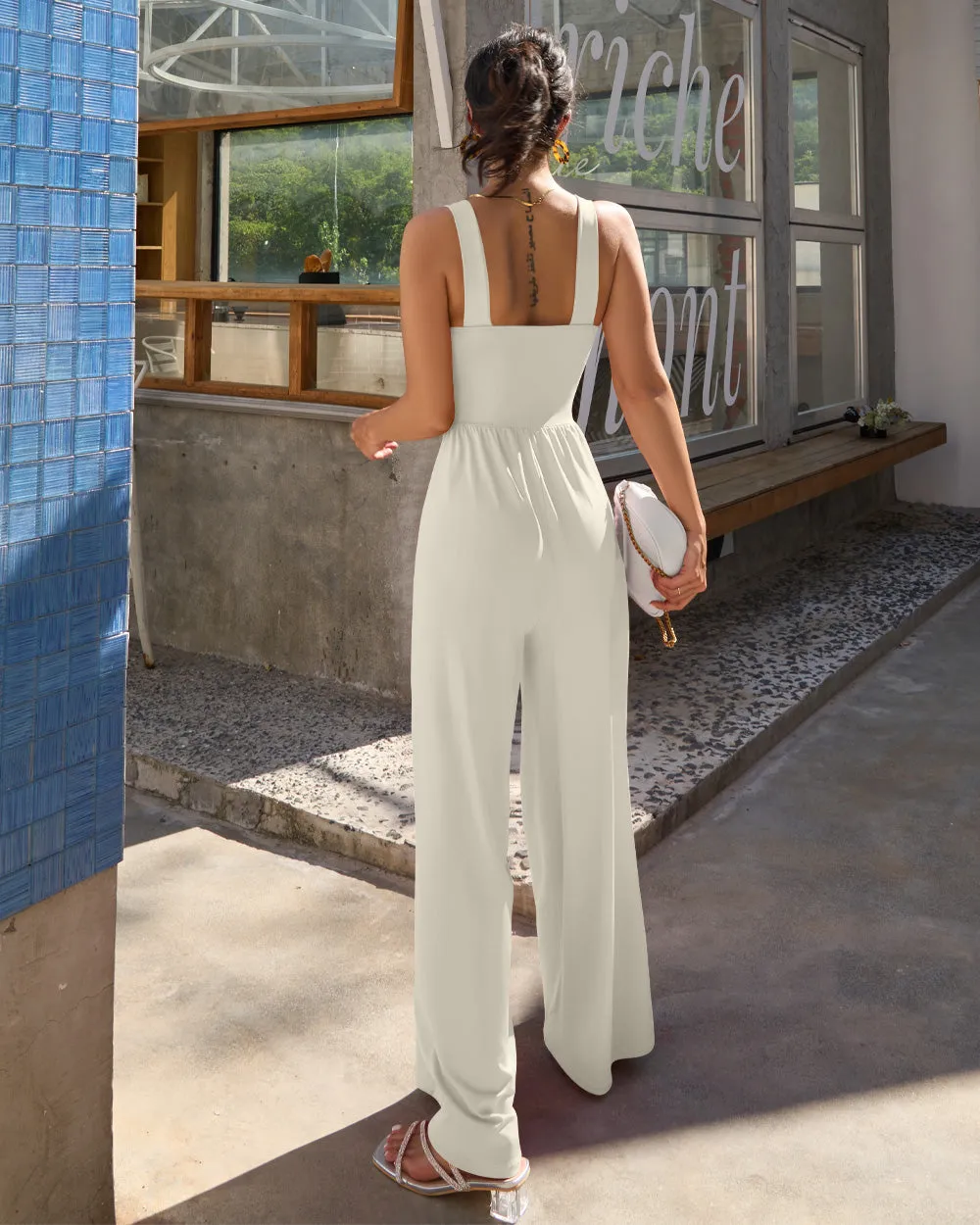 Dressy Sleeveless Square Neck Causal Wide Leg Jumpsuit