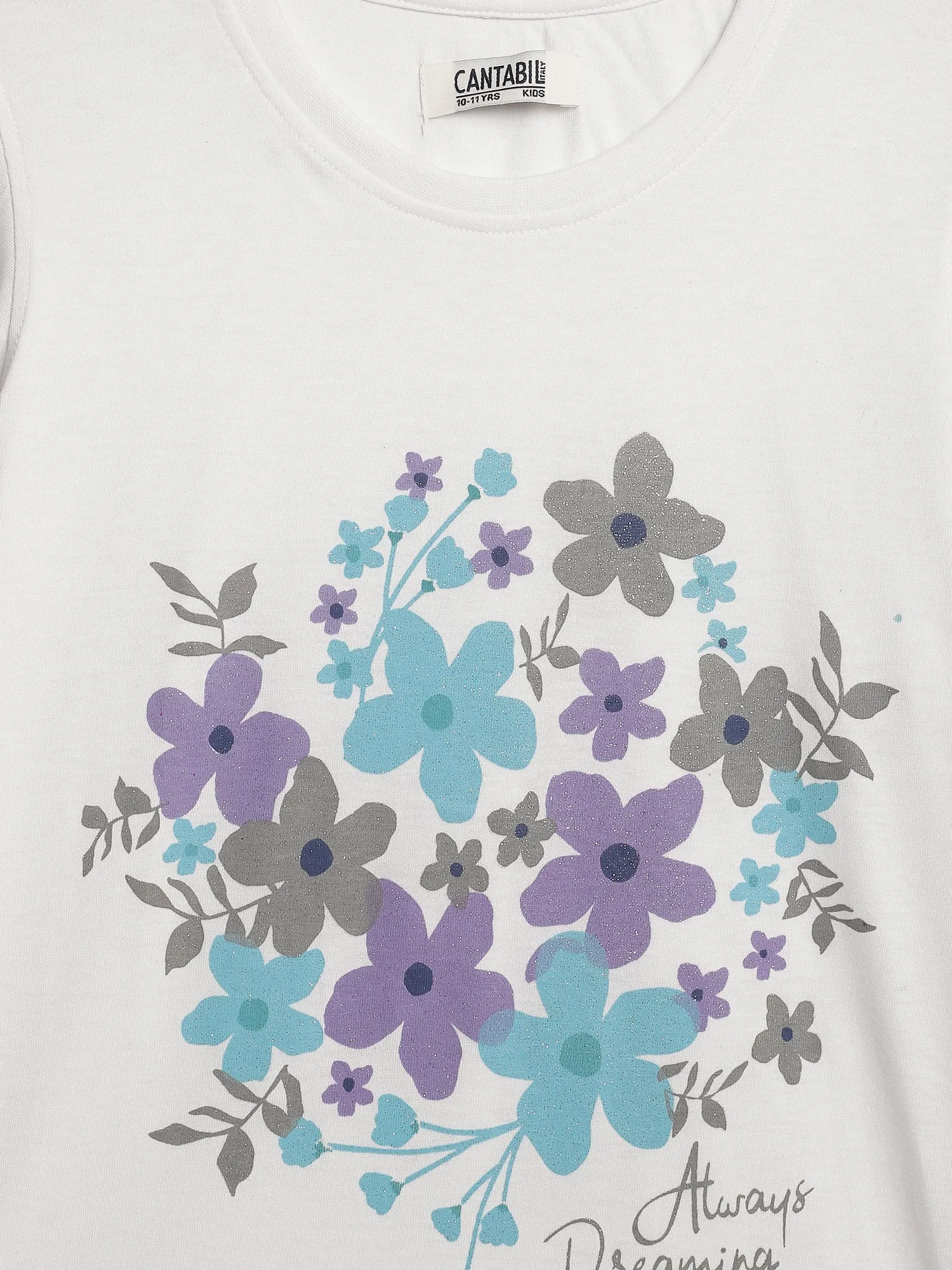 Girls Round Neck White Printed T-Shirt