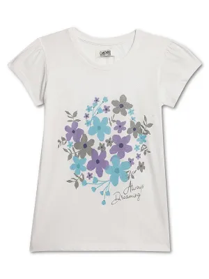 Girls Round Neck White Printed T-Shirt