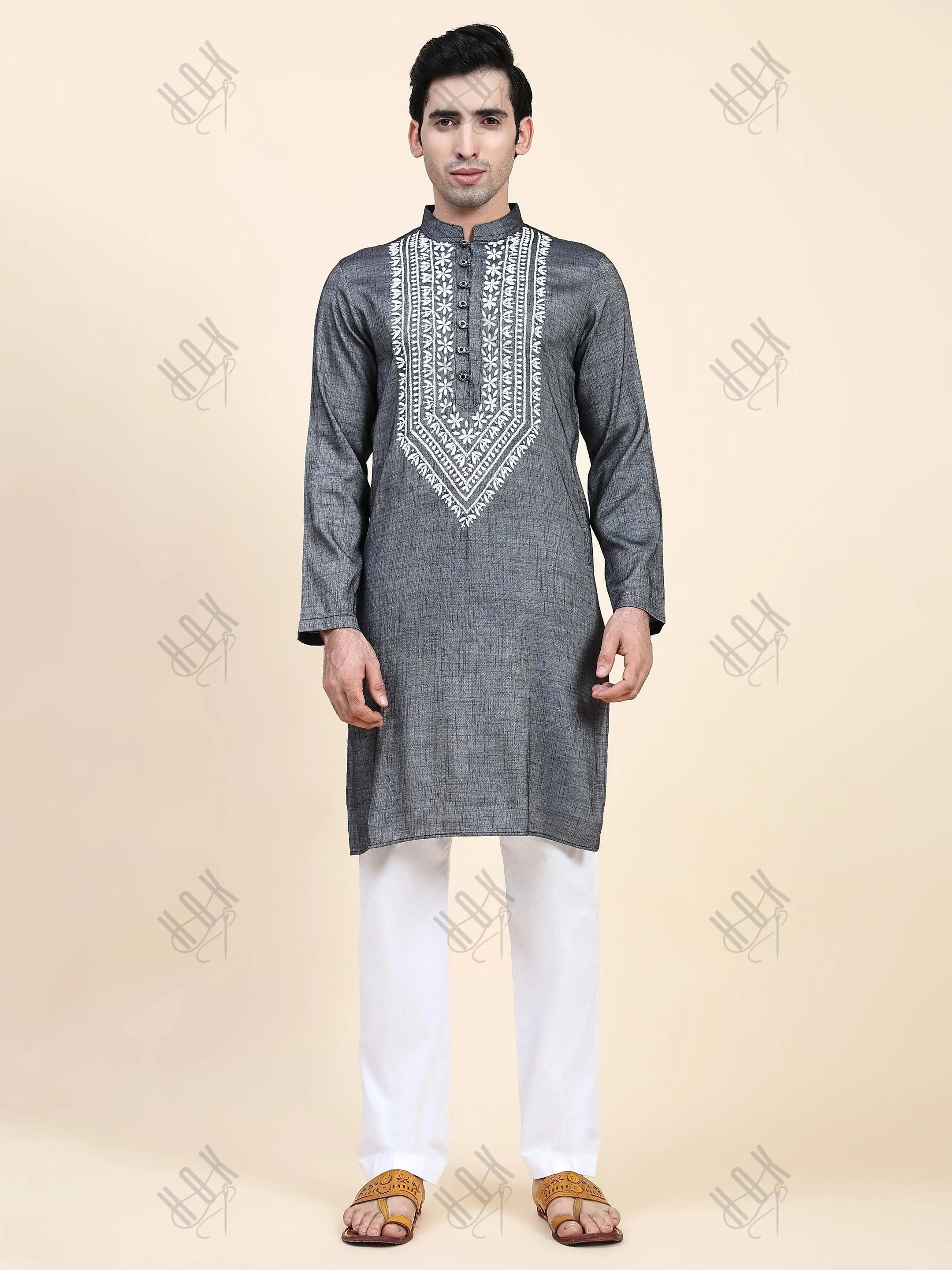 Hemant in HOK Men's Chikankari Kurta in Cotton Silk Blend - Grey