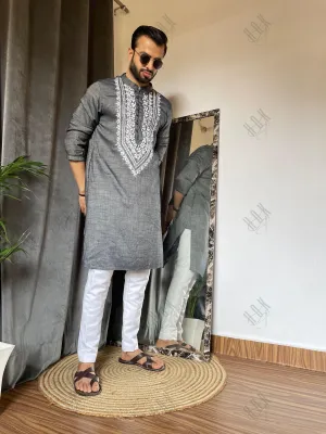 Hemant in HOK Men's Chikankari Kurta in Cotton Silk Blend - Grey