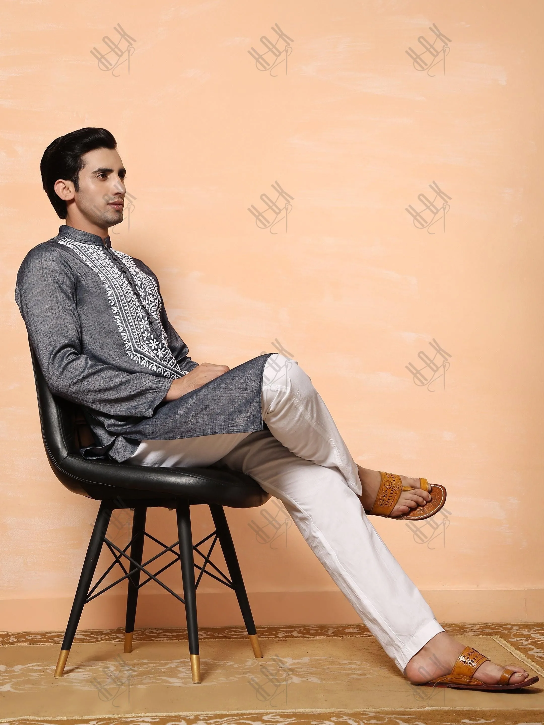 Hemant in HOK Men's Chikankari Kurta in Cotton Silk Blend - Grey