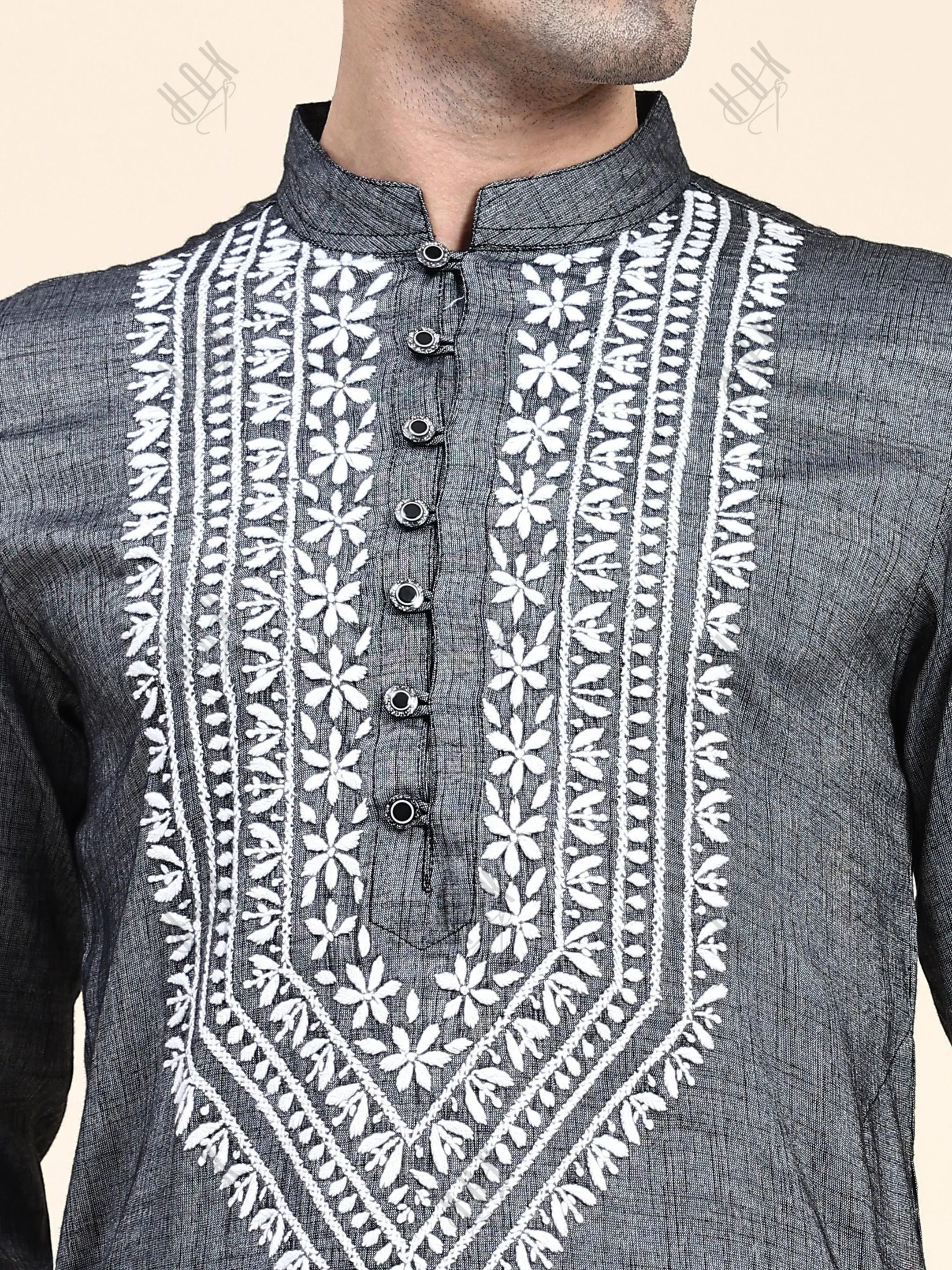 Hemant in HOK Men's Chikankari Kurta in Cotton Silk Blend - Grey