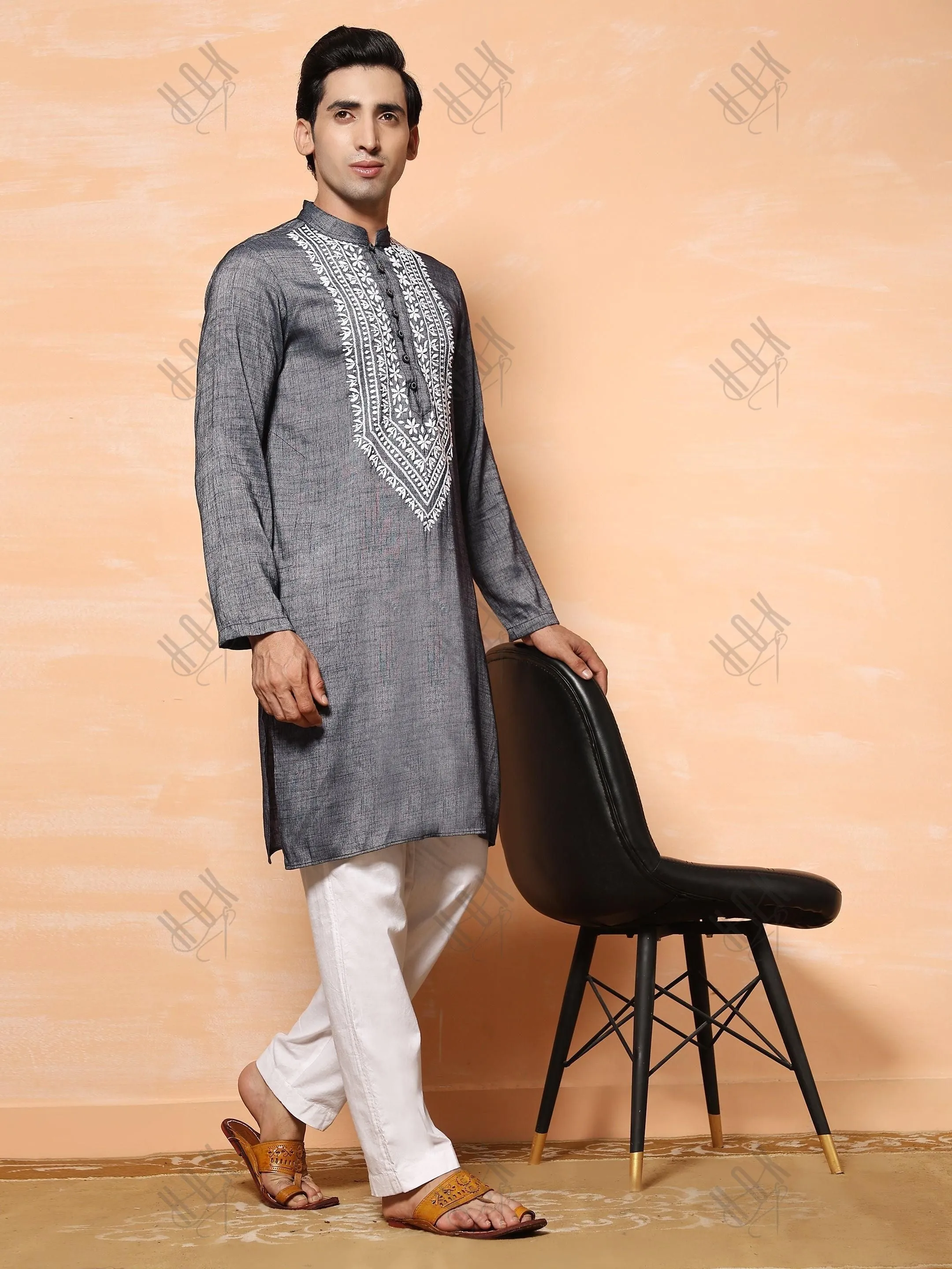 Hemant in HOK Men's Chikankari Kurta in Cotton Silk Blend - Grey