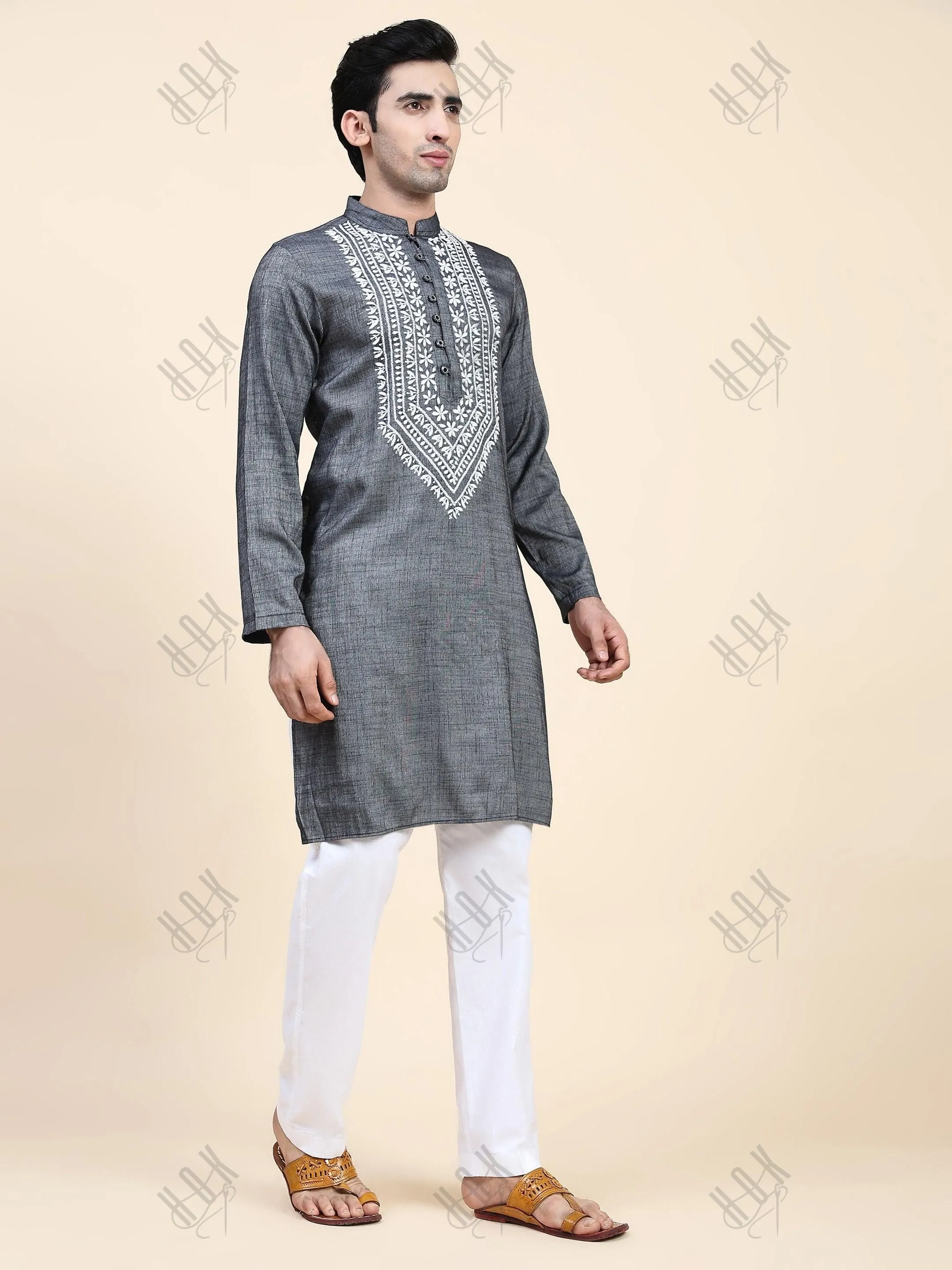 Hemant in HOK Men's Chikankari Kurta in Cotton Silk Blend - Grey