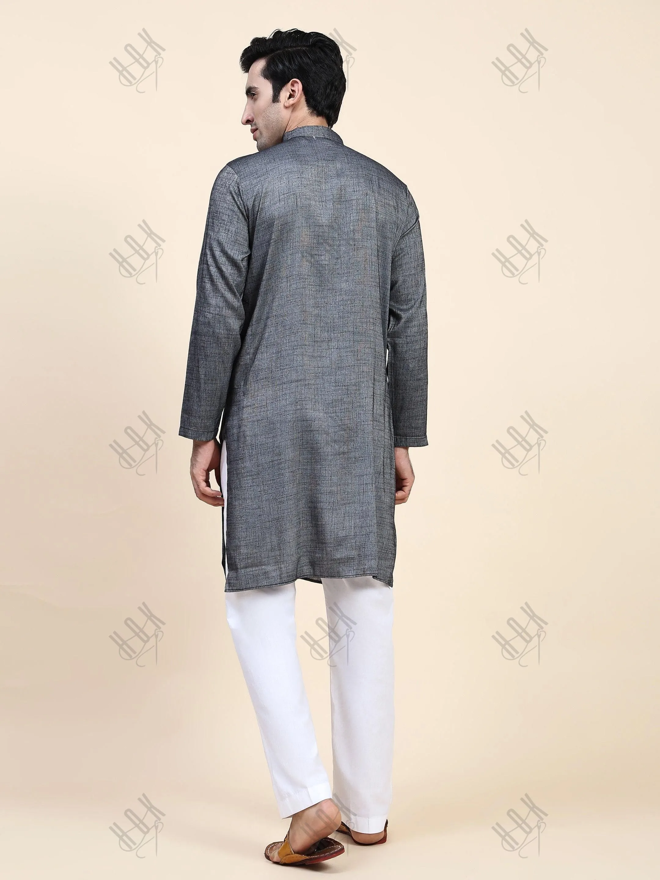 Hemant in HOK Men's Chikankari Kurta in Cotton Silk Blend - Grey