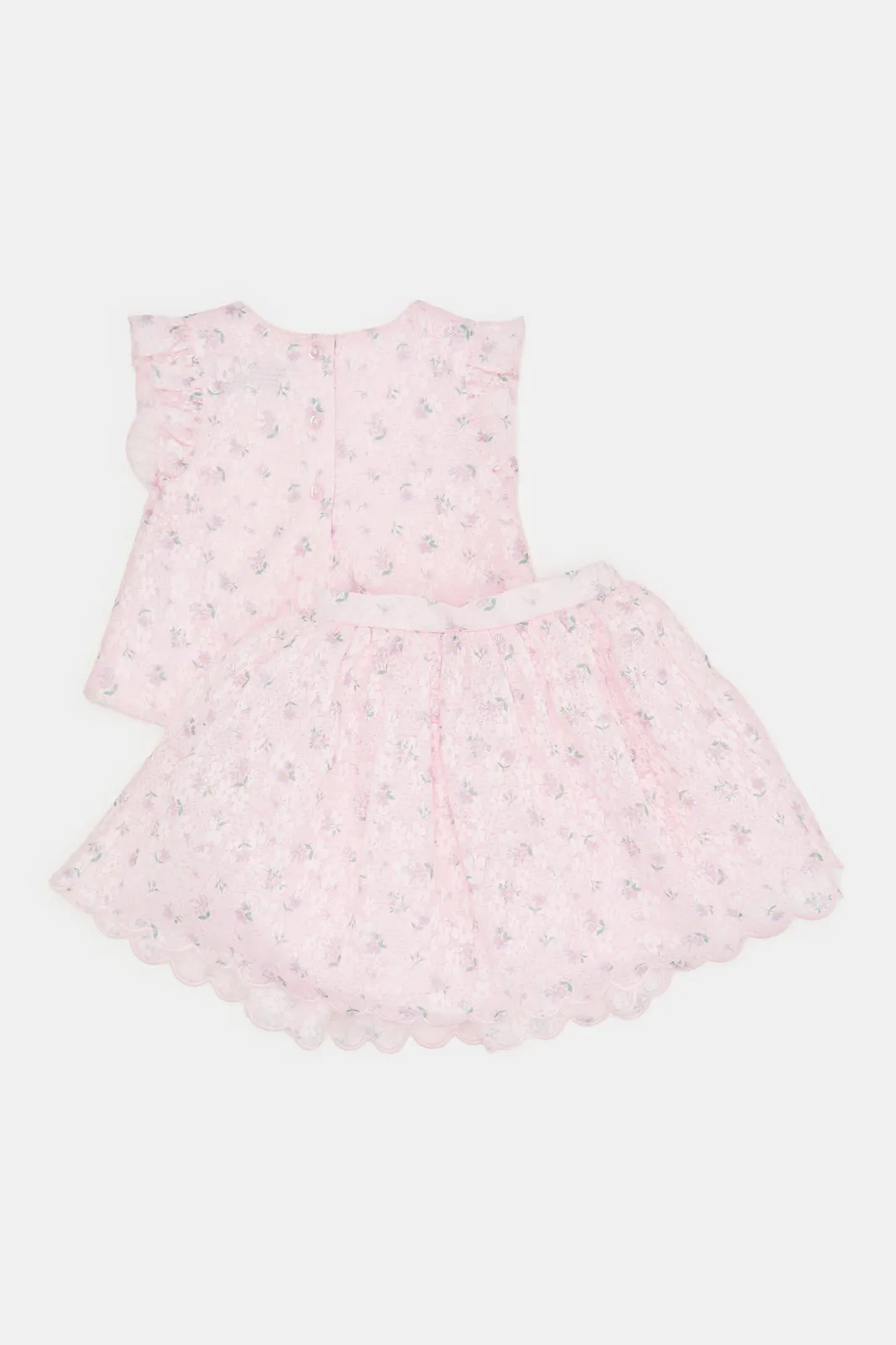 Infant Girls Pink Printed Flowers Textured Fabric Set (2 Piece)