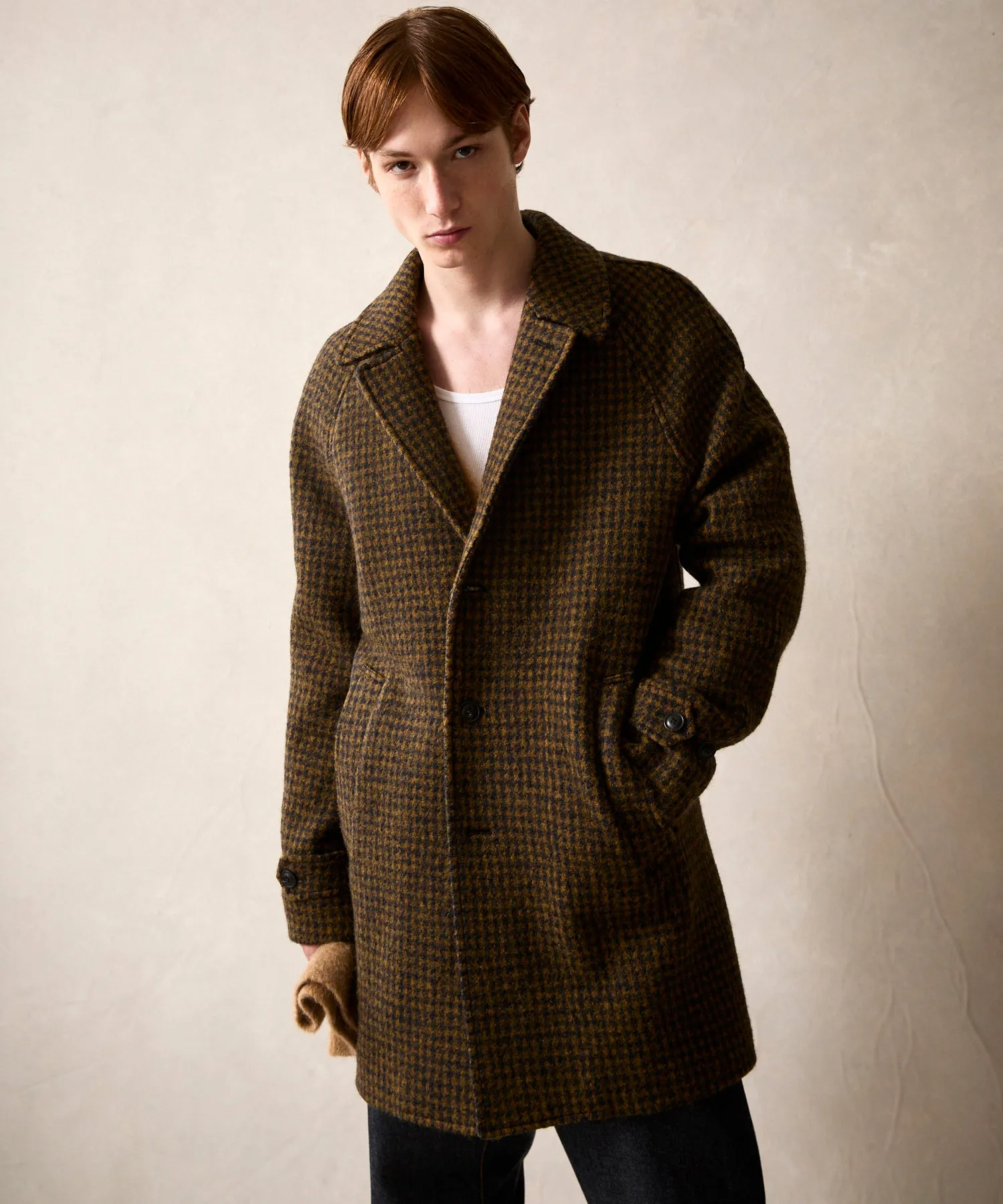 Italian Wool Houndstooth Car Coat in Brown