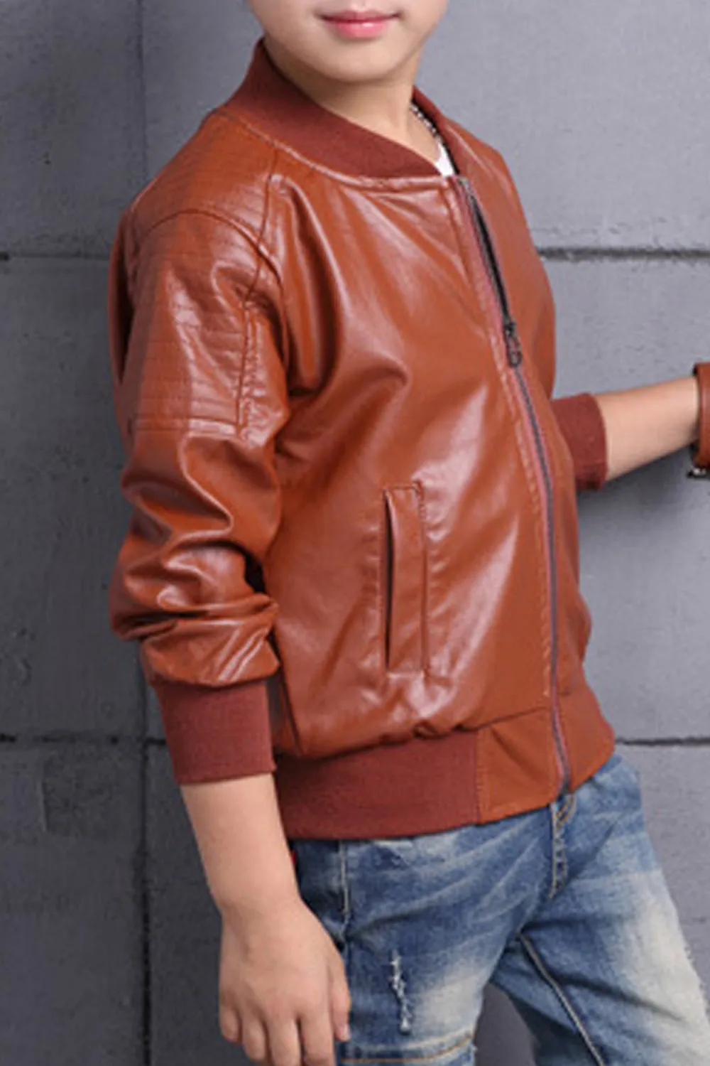 Kids Boys Ribbed Cuff Round Neck Easy Zipper Style Breathable Leather Jacket - KBLJ90276