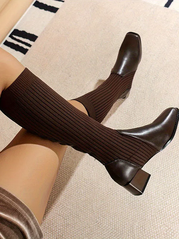 Knitted Knee Chunky Heeled Boots