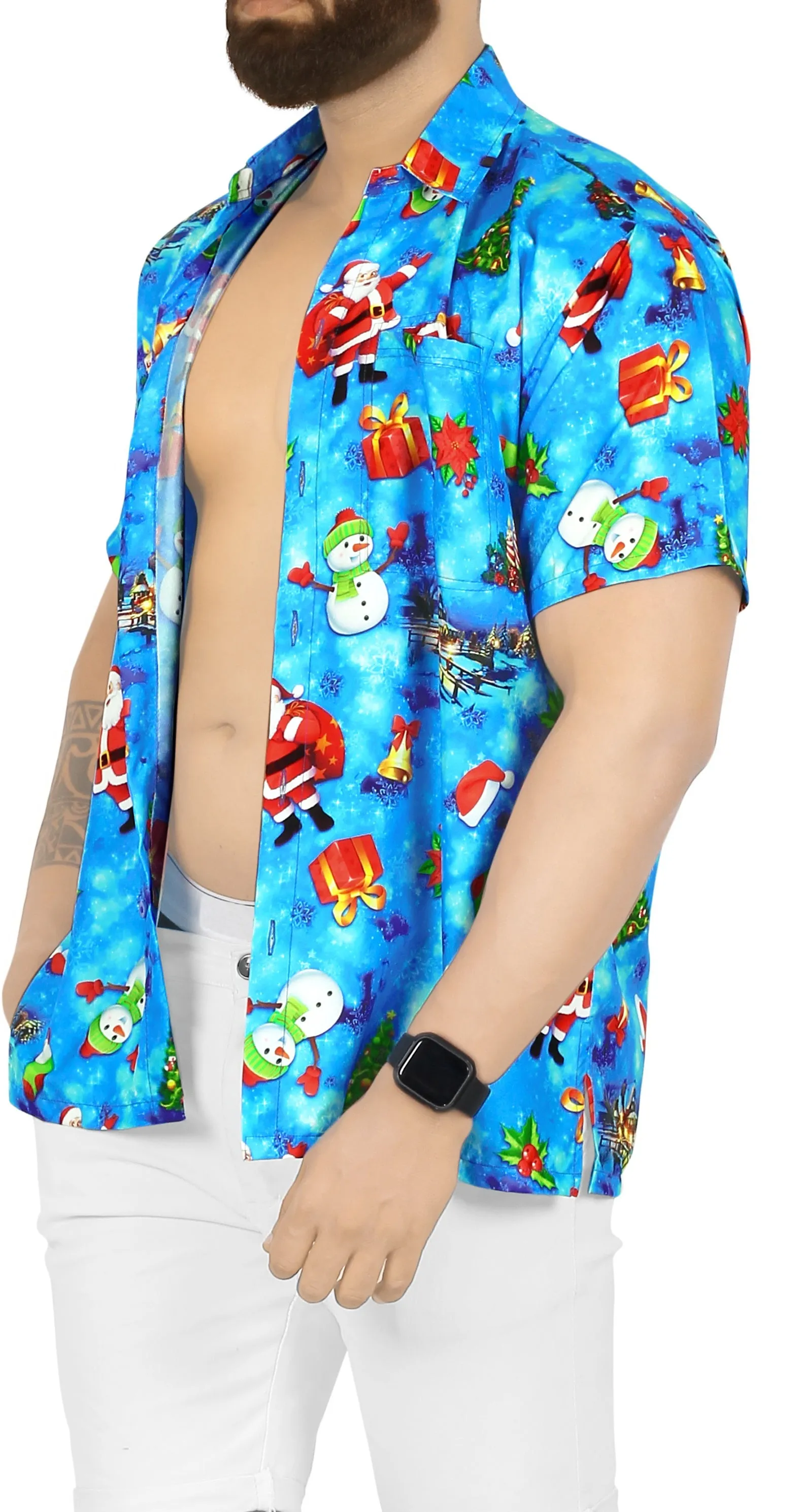 LA LEELA Mens Funky Hawaiian Christmas Santa Claus Casual Shirts Blue_AA333