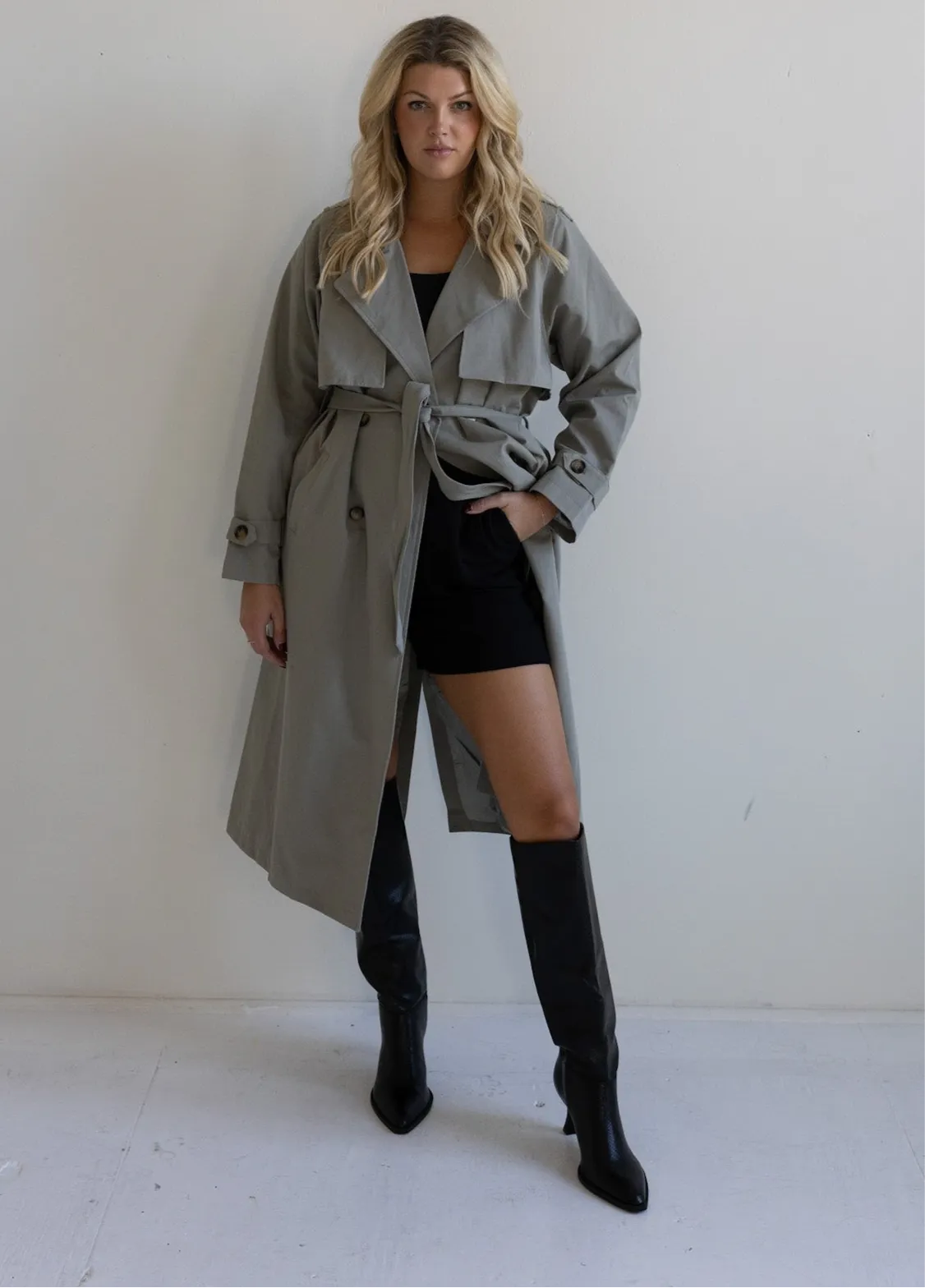 Light Olive Longline Belted Trench