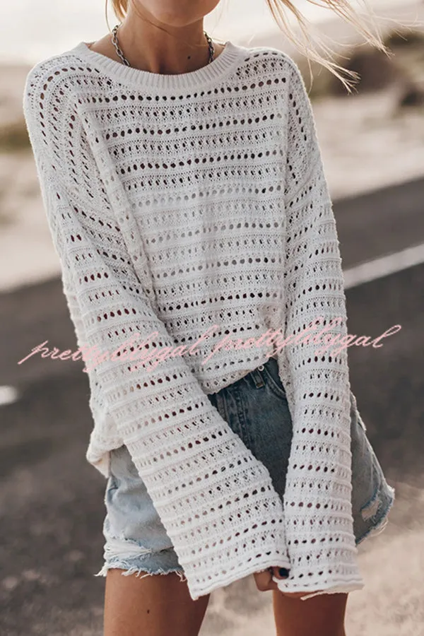 Living Easy Knit Bell Sleeve Hollow Out Relaxed Top