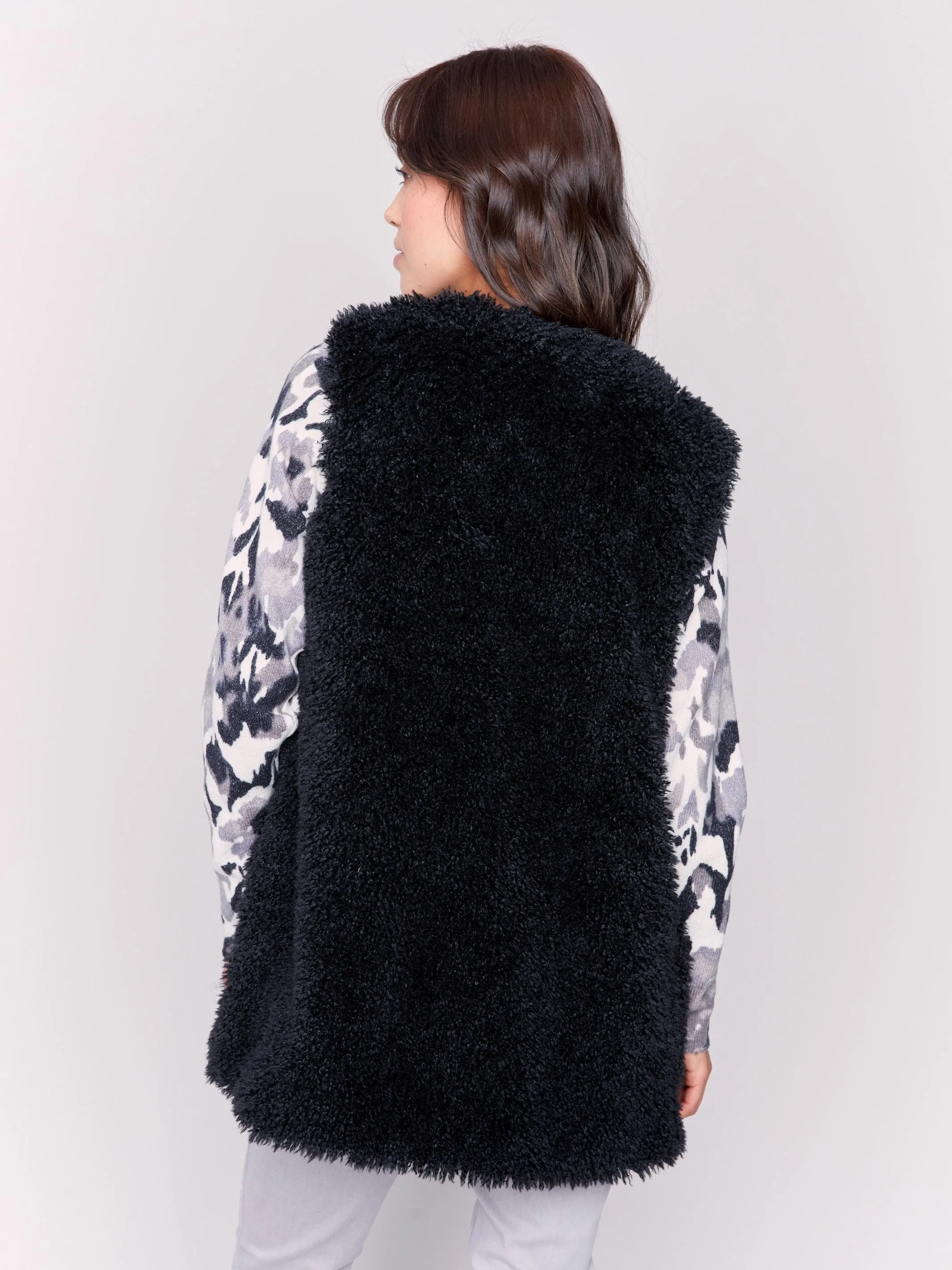 Long Faux Fur Vest - Black