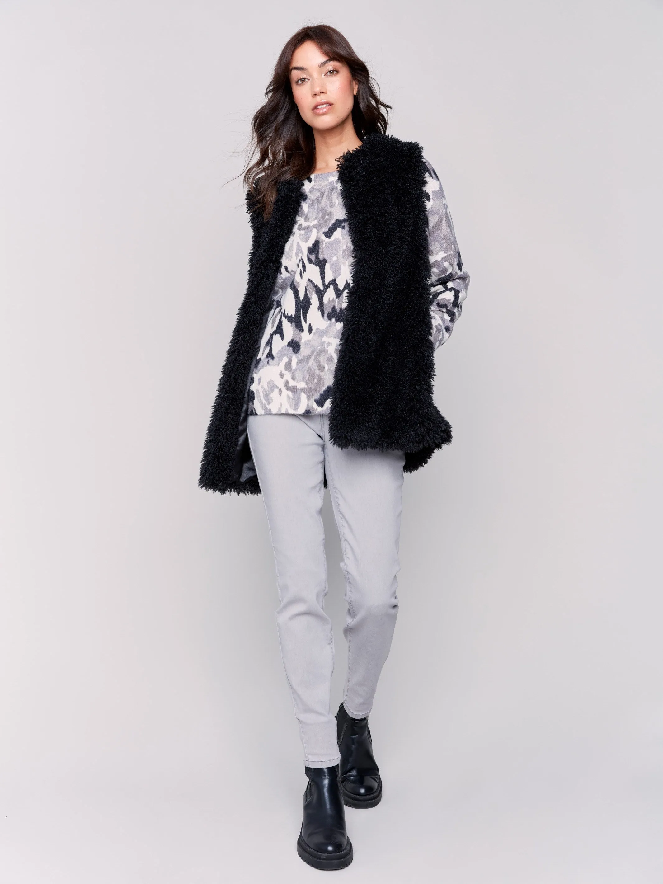 Long Faux Fur Vest - Black