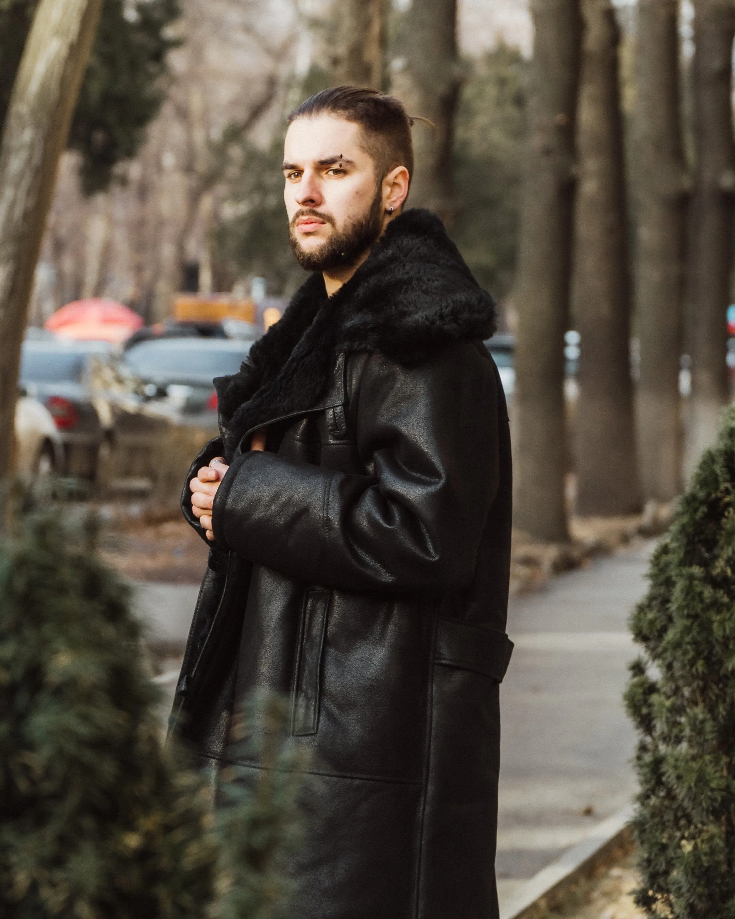 Mens Long Shearling Sheepskin Coat in Black Color with Black Lining and Wide Fur Collar