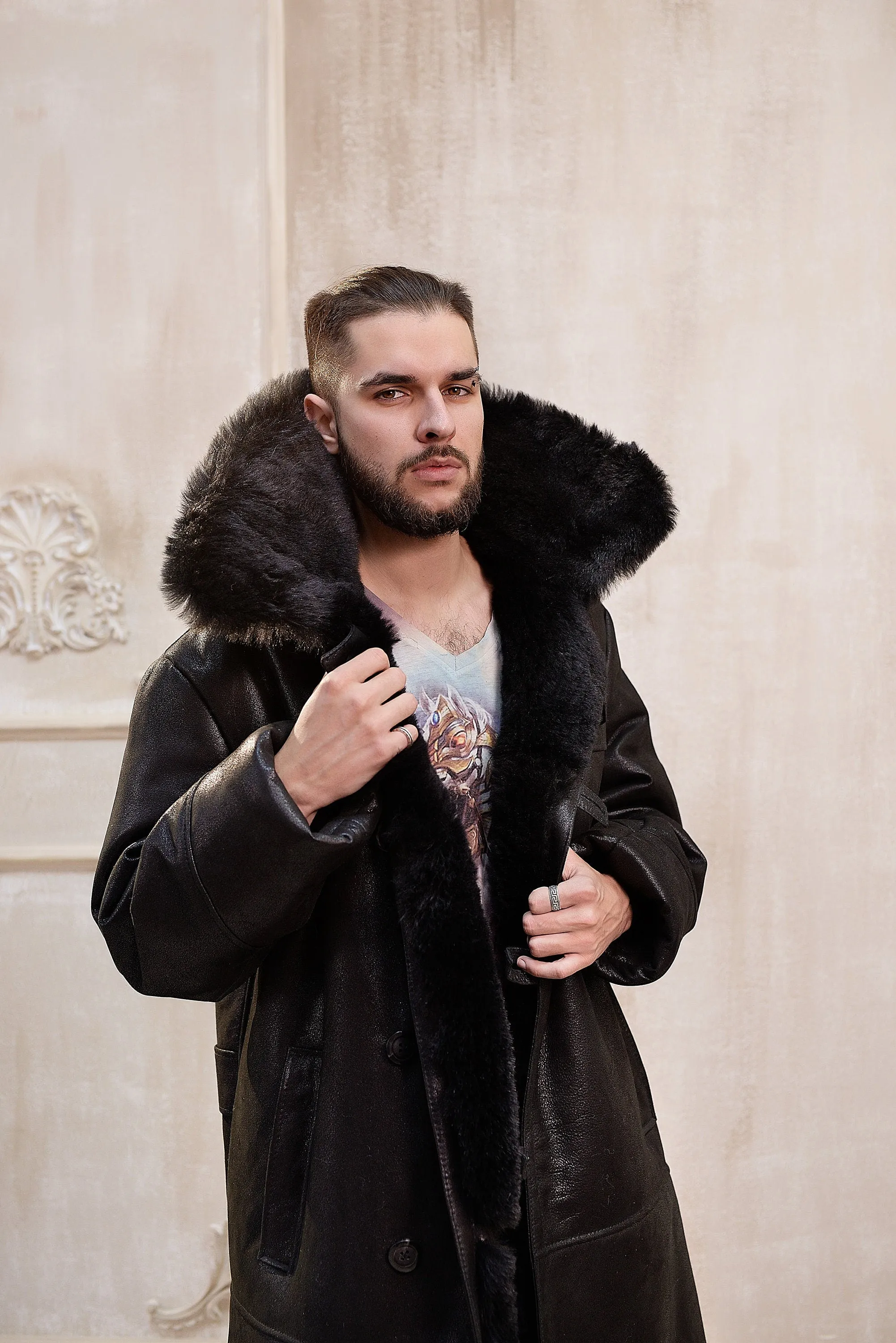 Mens Long Shearling Sheepskin Coat in Black Color with Black Lining and Wide Fur Collar