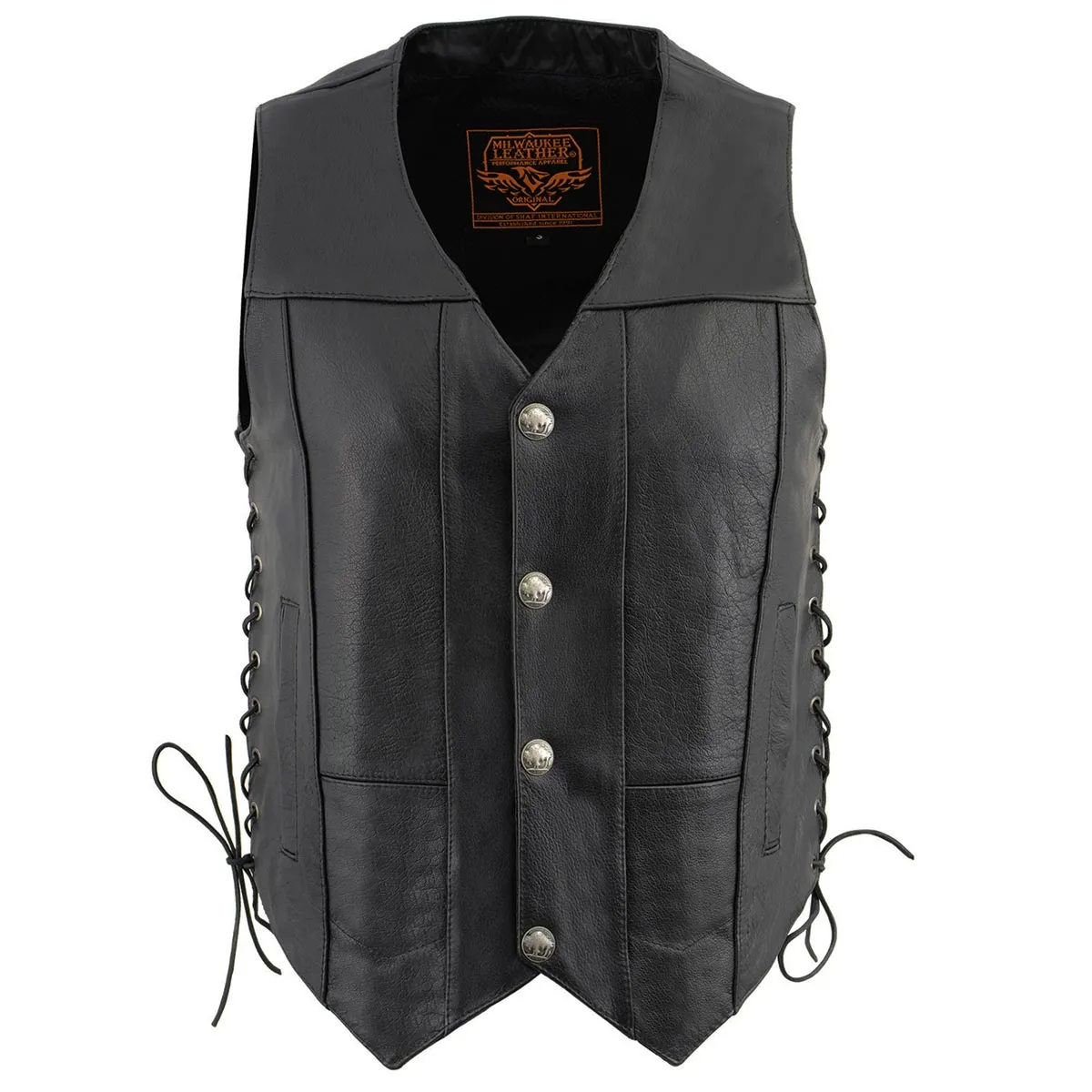 Milwaukee Leather LKM3701 Men's Black Leather Classic V-Neck Motorcycle Rider Vest w/ Buffalo Snaps and Side Laces