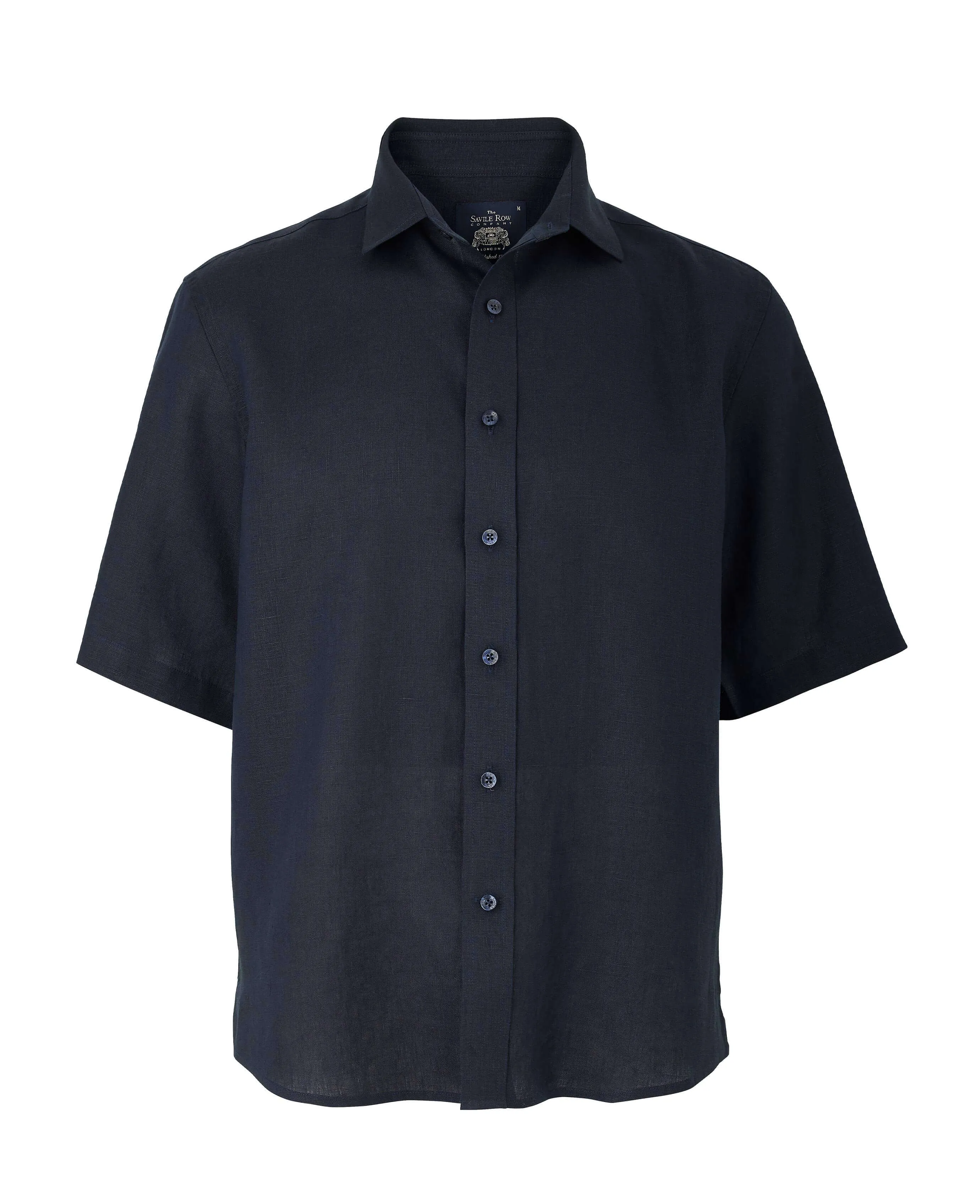 Navy Short Sleeve Pure Linen Slim Fit Shirt in Shorter Length