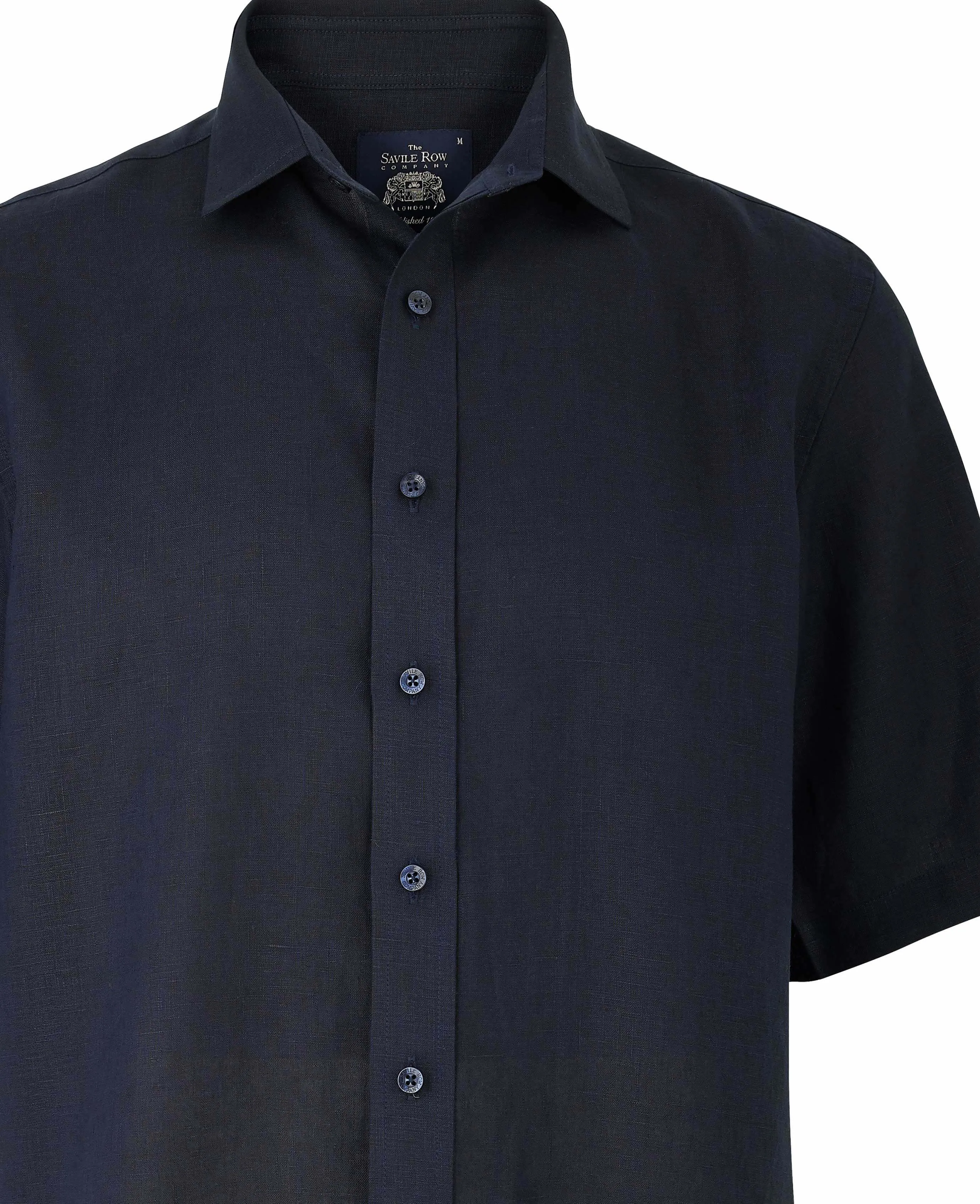 Navy Short Sleeve Pure Linen Slim Fit Shirt in Shorter Length