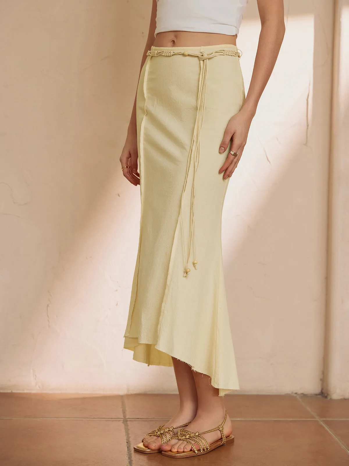 Pure Cotton Solid Trendy Belted Long Skirt