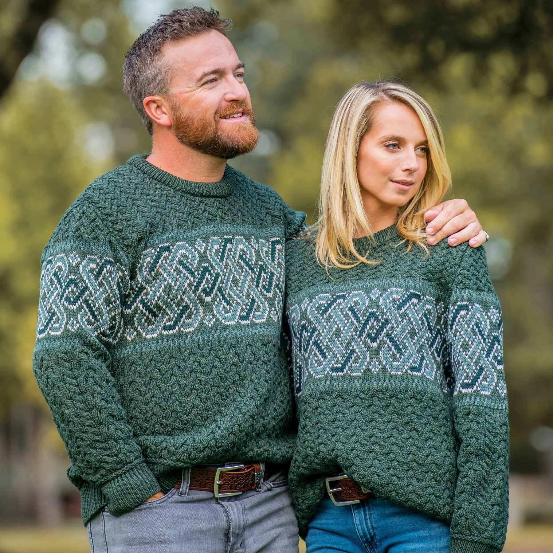 Ringsend Jacquard Aran Knit Sweater with Celtic Knotwork- Green