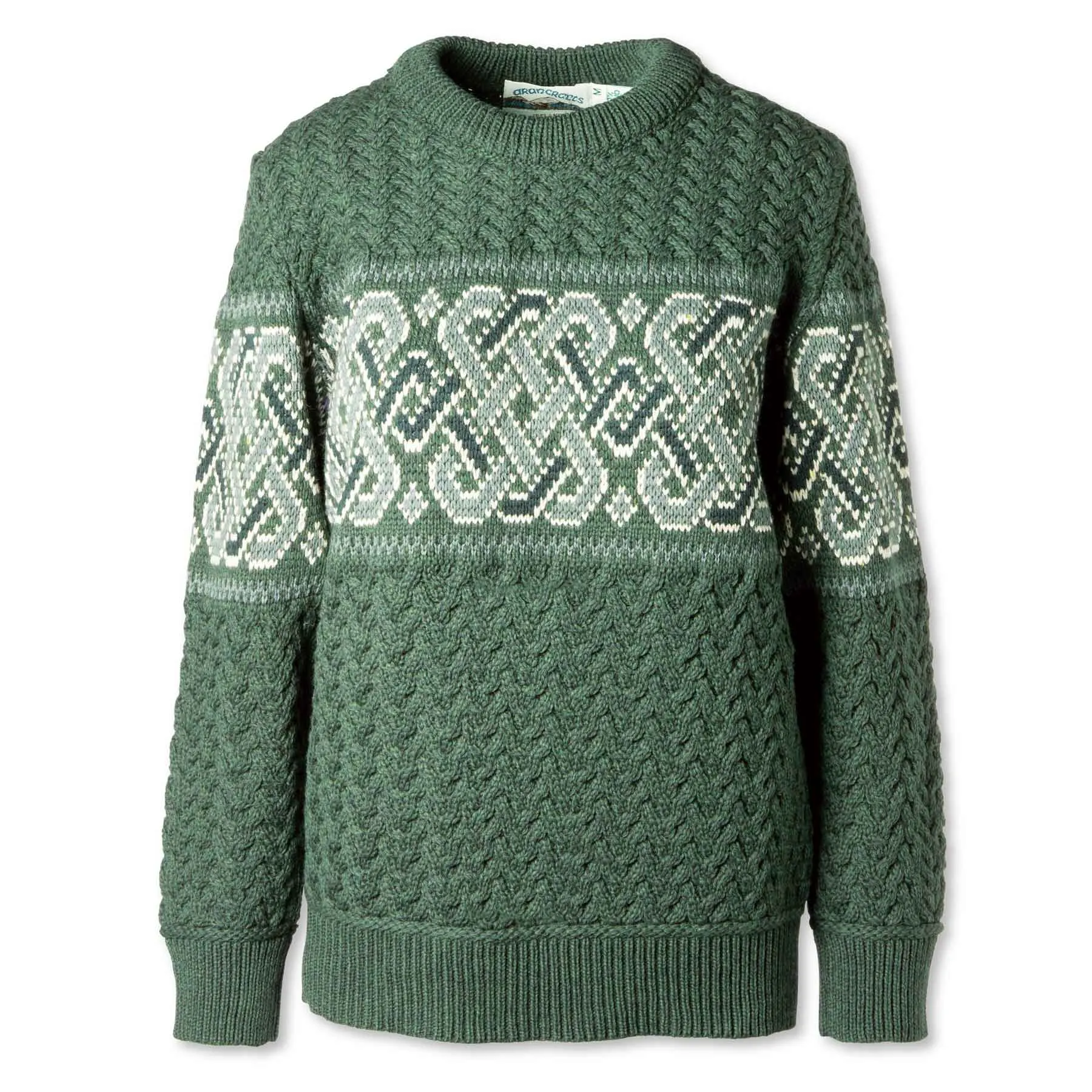 Ringsend Jacquard Aran Knit Sweater with Celtic Knotwork- Green